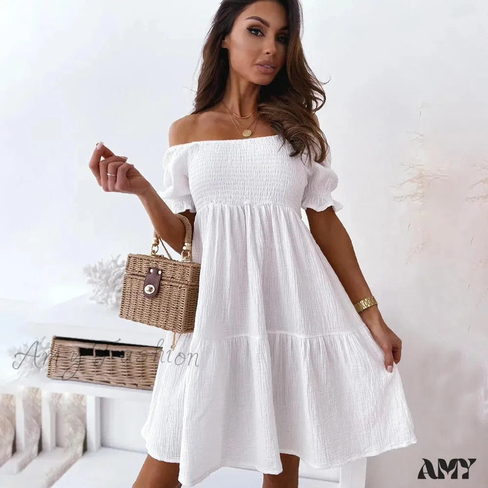 Amy Fashion - Neck White Puff Sleeve Big Swing Party Dresses