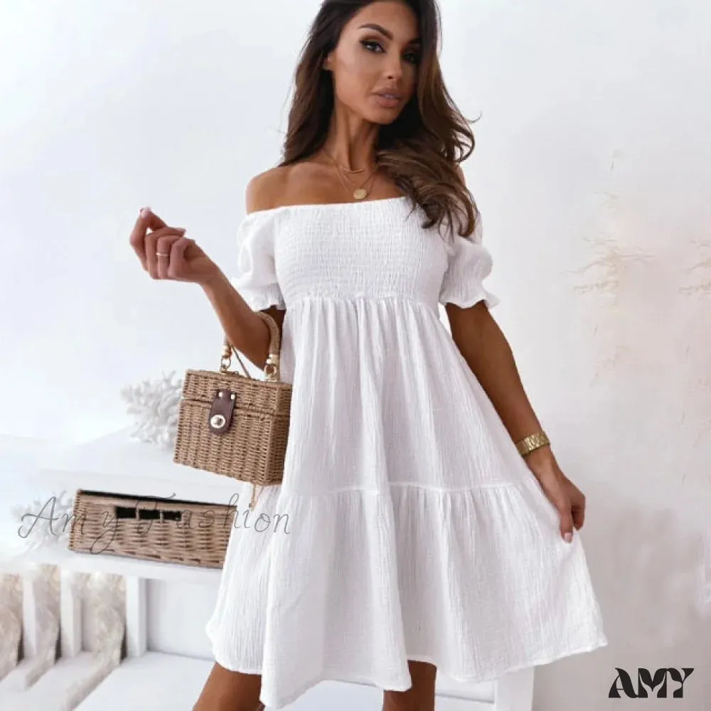 Amy Fashion - Neck White Puff Sleeve Big Swing Party Dresses