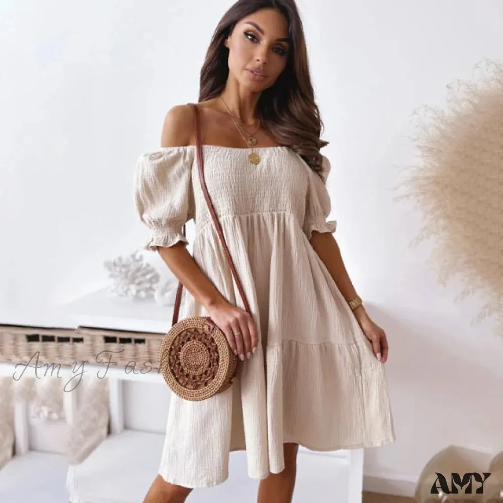 Amy Fashion - Neck White Puff Sleeve Big Swing Party Dresses
