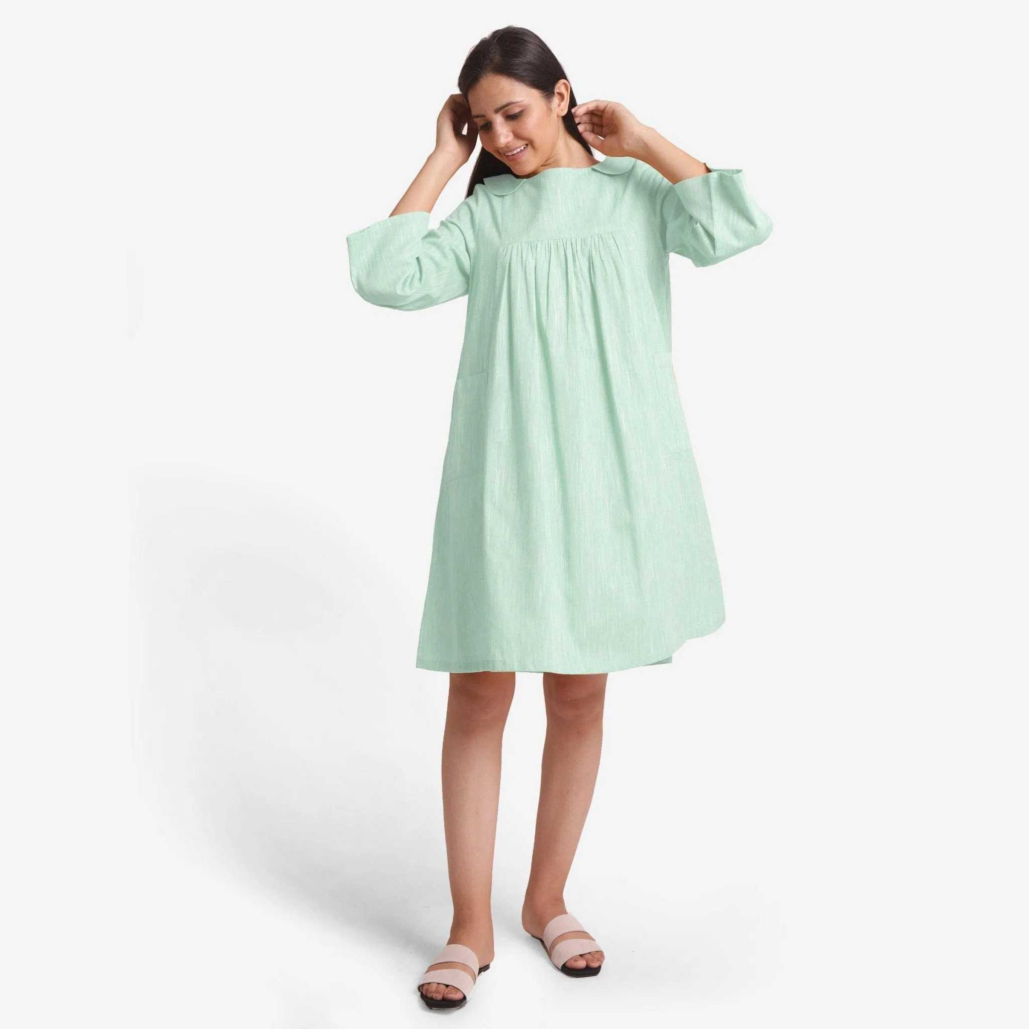 Aqua Yarn Dyed Cotton Knee Length Yoked Dress
