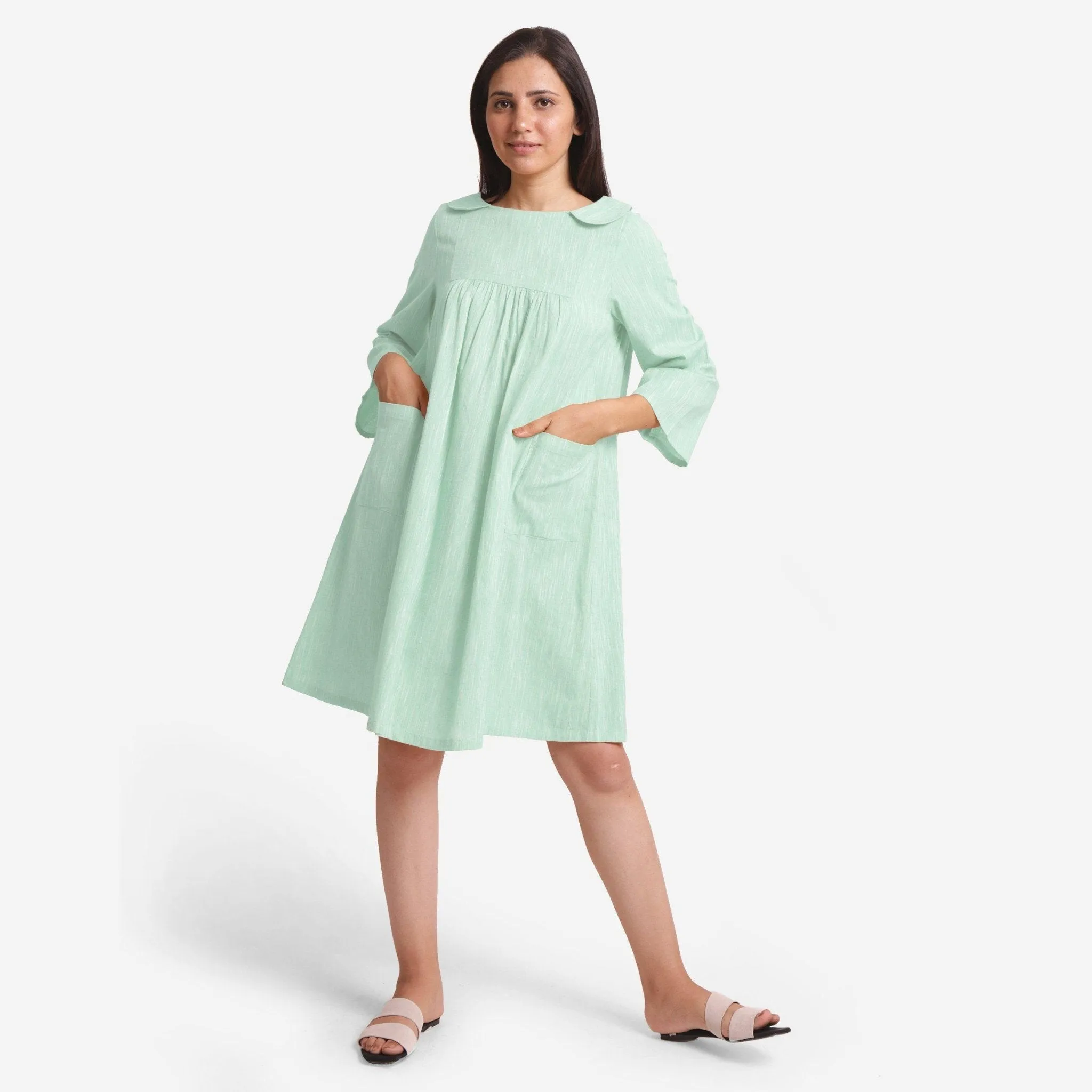 Aqua Yarn Dyed Cotton Knee Length Yoked Dress