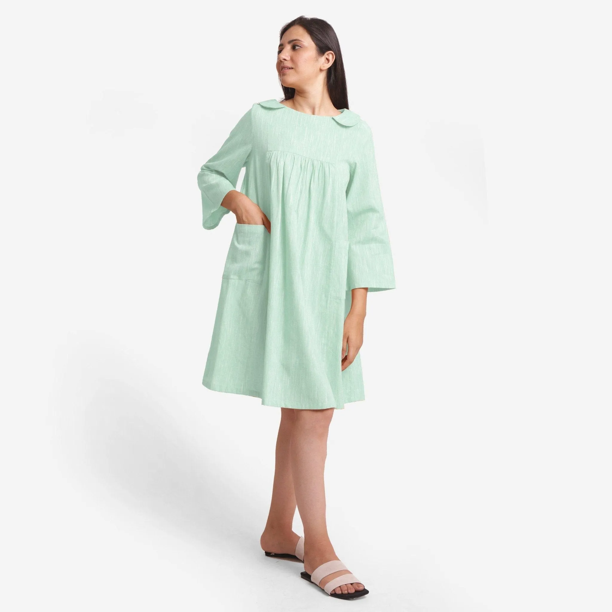 Aqua Yarn Dyed Cotton Knee Length Yoked Dress
