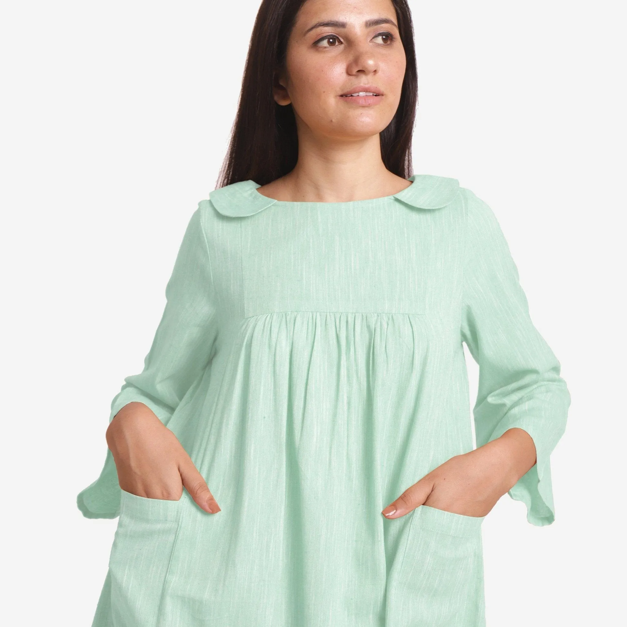 Aqua Yarn Dyed Cotton Knee Length Yoked Dress