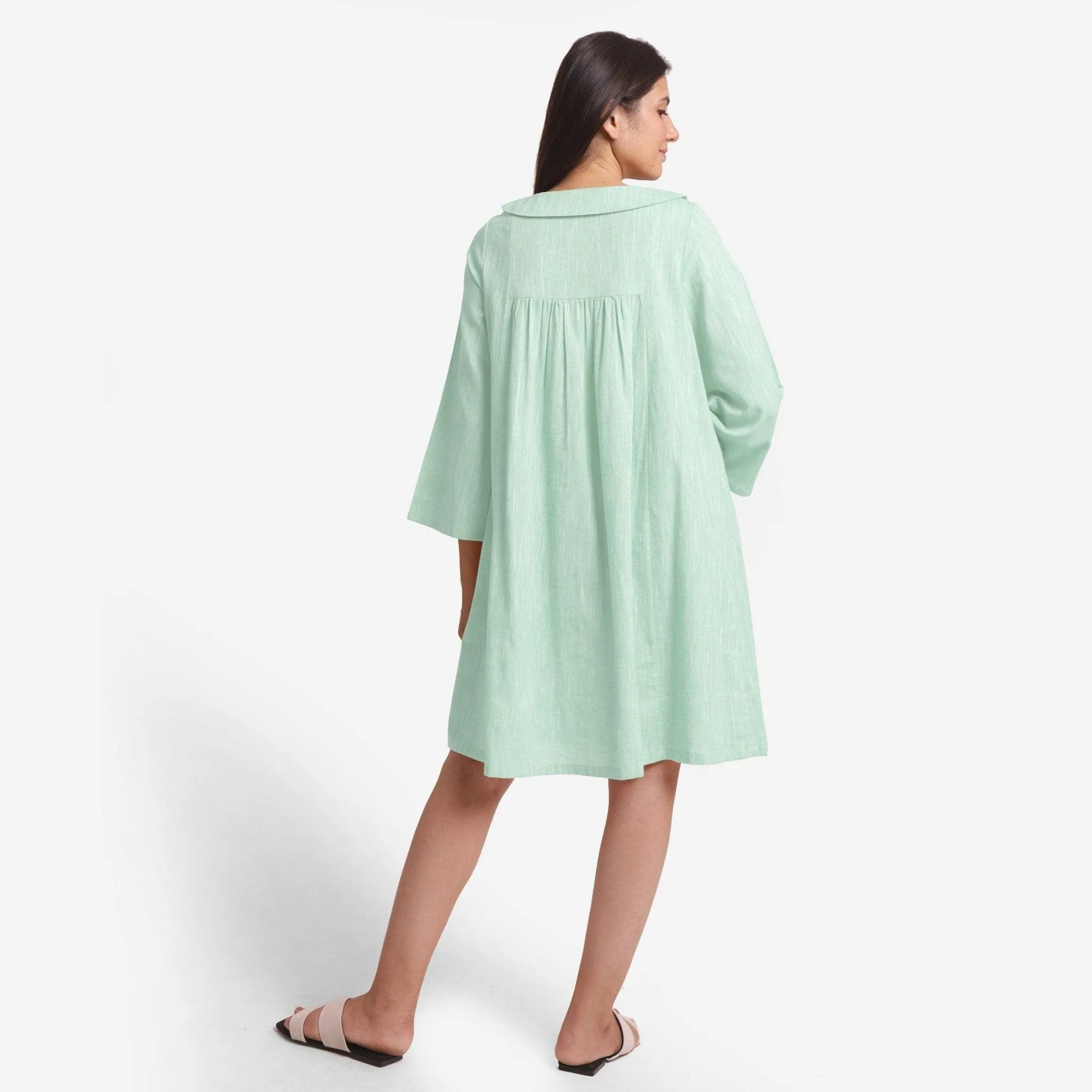 Aqua Yarn Dyed Cotton Knee Length Yoked Dress