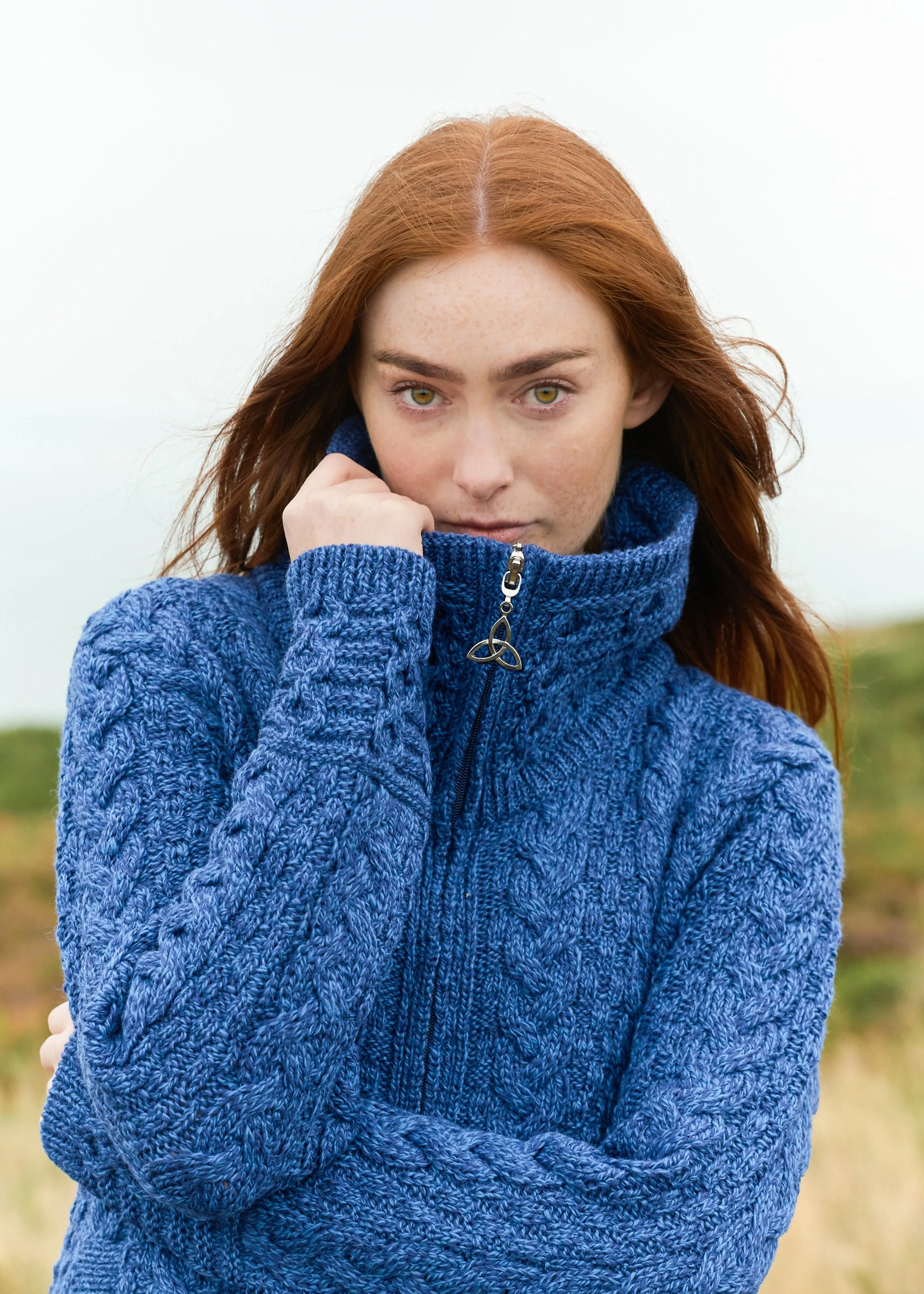 Aran Crafts Double Collar Trinity Cardigan | Blue