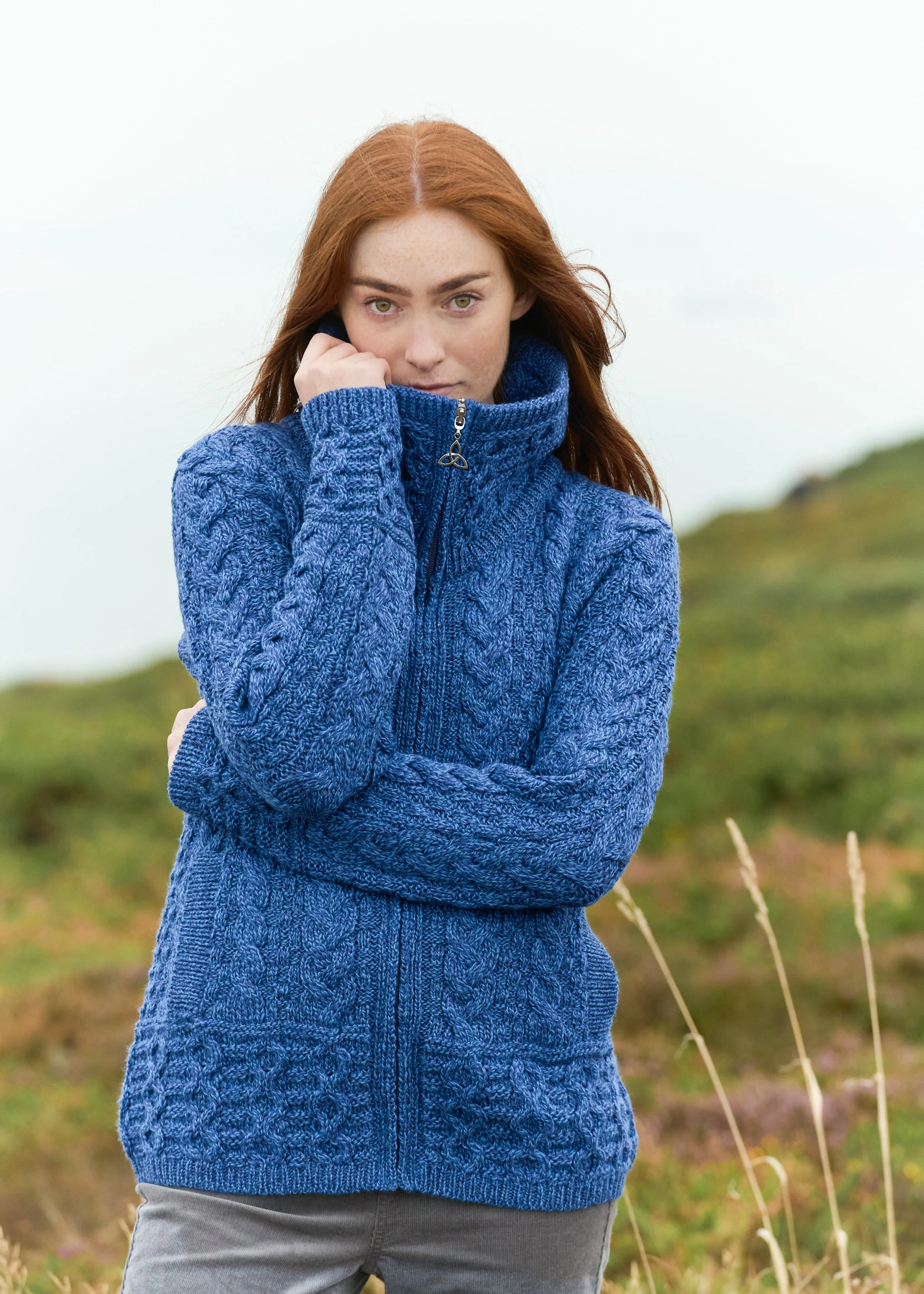 Aran Crafts Double Collar Trinity Cardigan | Blue