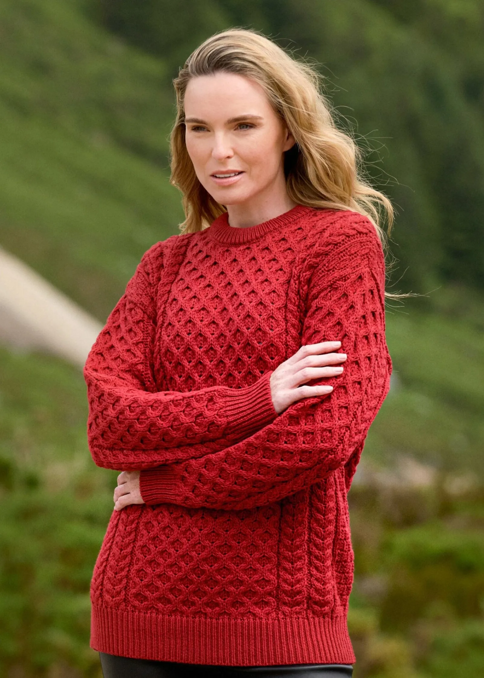 Aran Crew Neck Merino Sweater | Cherry