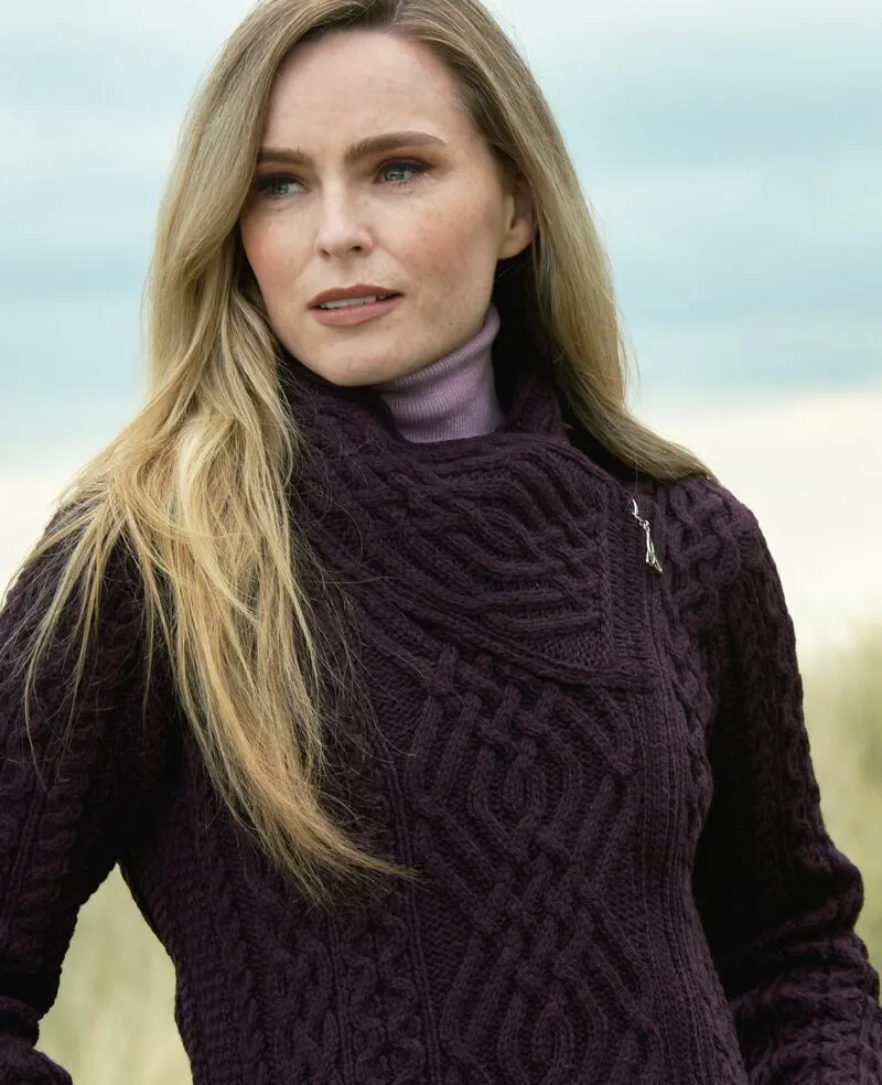 Aran Shannon Side Zip Cardigan | Plum