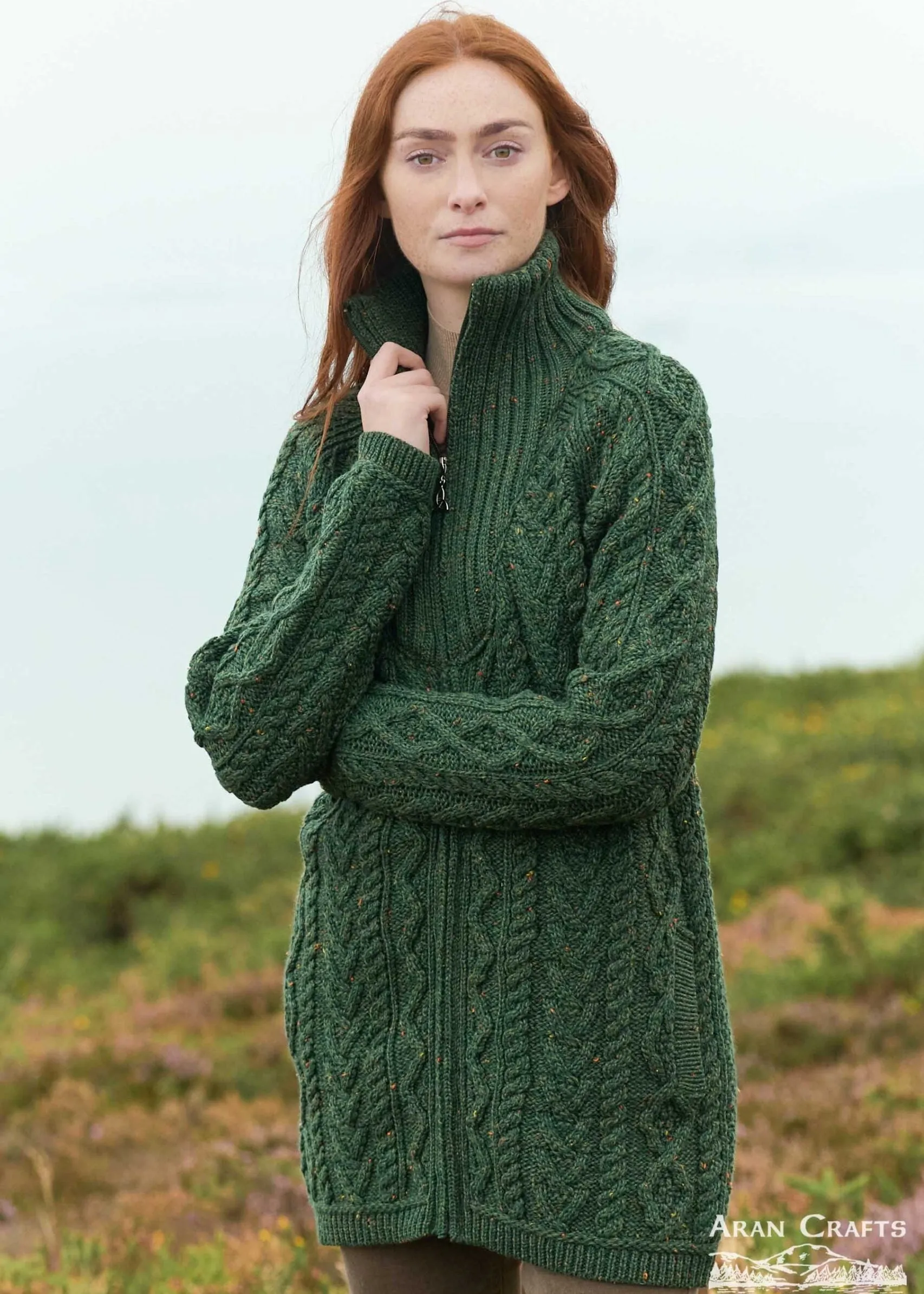 Aran Troyer Neck Zip Coat | Army Nep