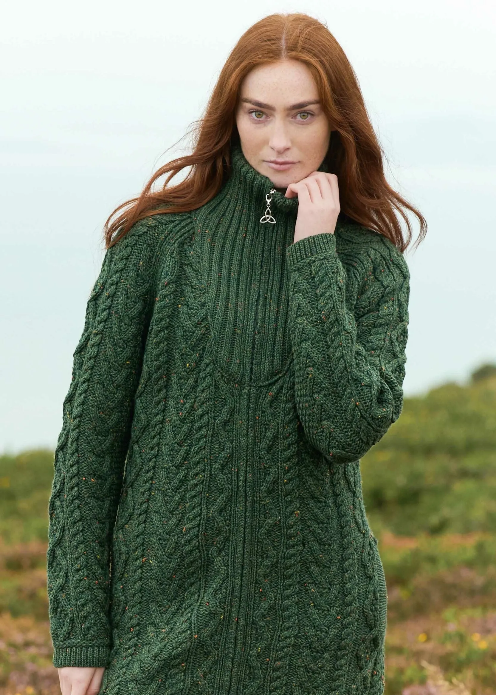 Aran Troyer Neck Zip Coat | Army Nep