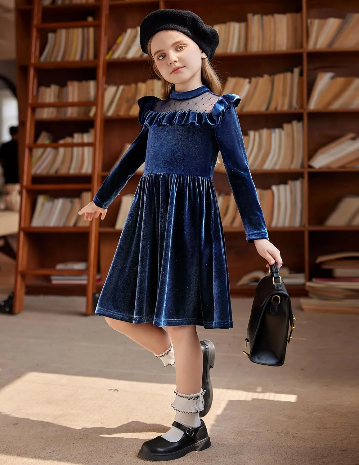 Arshiner Toddler Girls Velvet Dress Contrast Mesh Ruffle Trim Zipper Party Dress