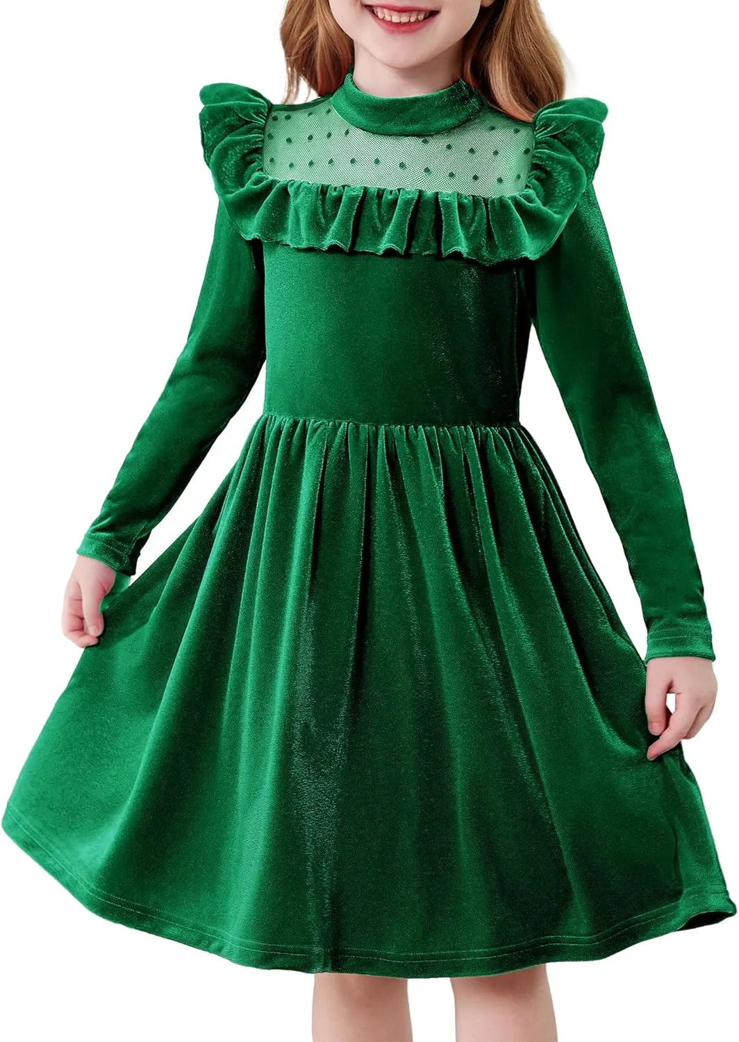 Arshiner Toddler Girls Velvet Dress Contrast Mesh Ruffle Trim Zipper Party Dress