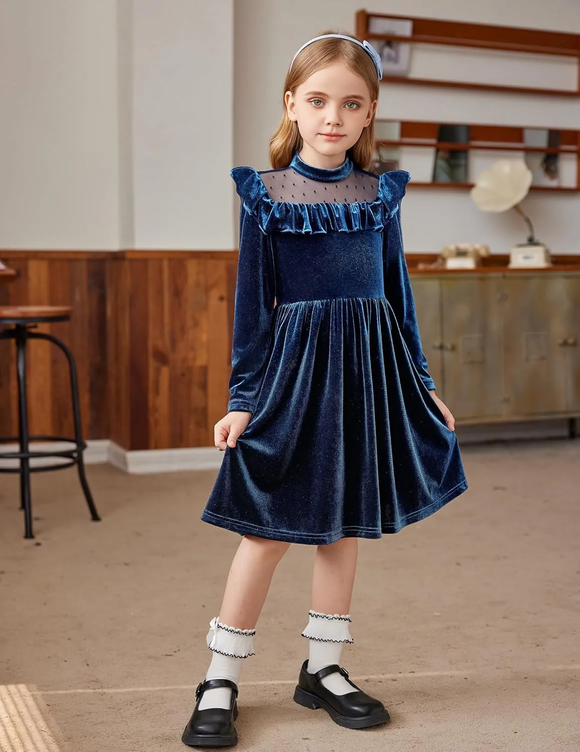 Arshiner Toddler Girls Velvet Dress Contrast Mesh Ruffle Trim Zipper Party Dress