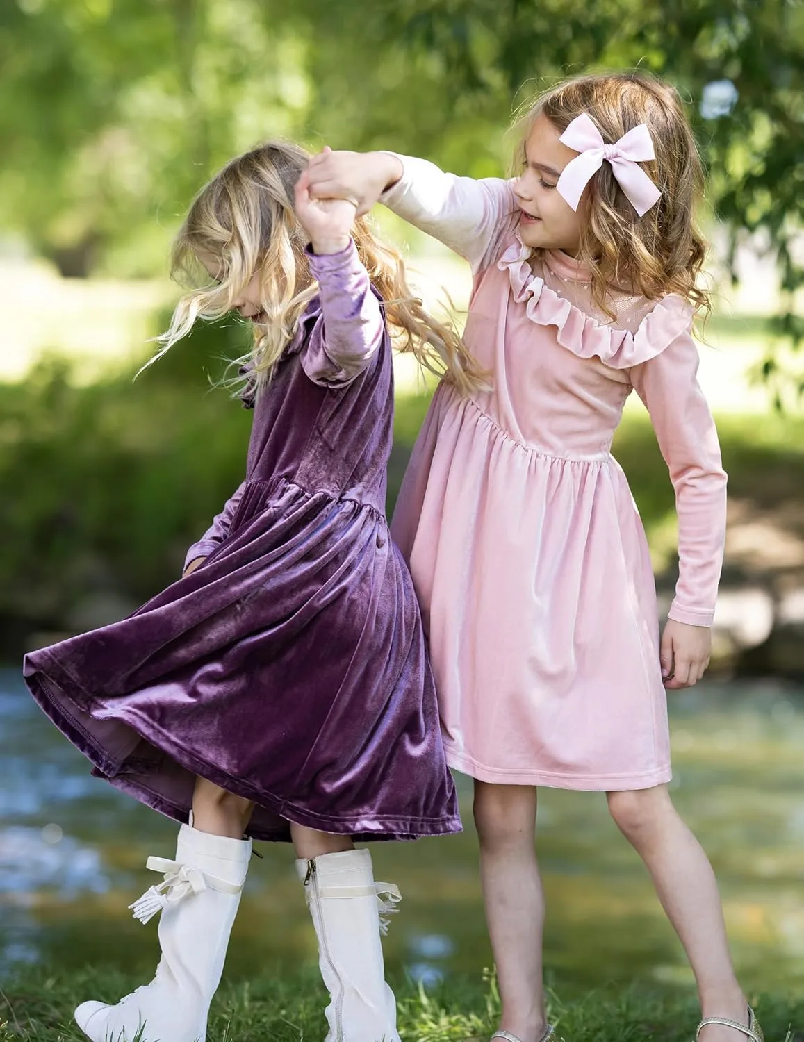 Arshiner Toddler Girls Velvet Dress Contrast Mesh Ruffle Trim Zipper Party Dress