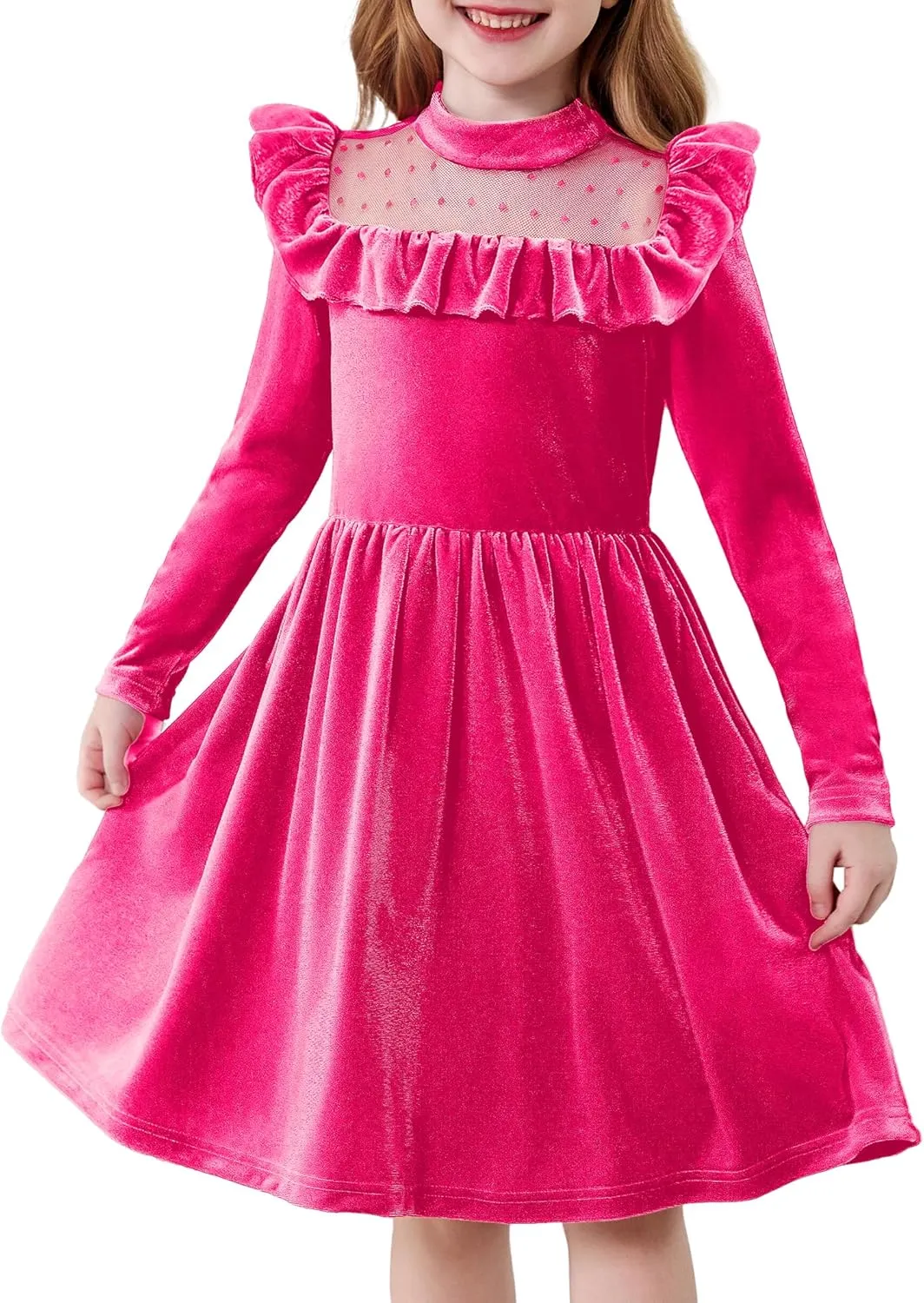Arshiner Toddler Girls Velvet Dress Contrast Mesh Ruffle Trim Zipper Party Dress
