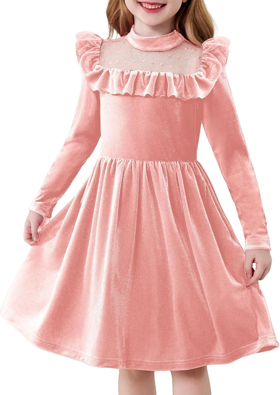 Arshiner Toddler Girls Velvet Dress Contrast Mesh Ruffle Trim Zipper Party Dress