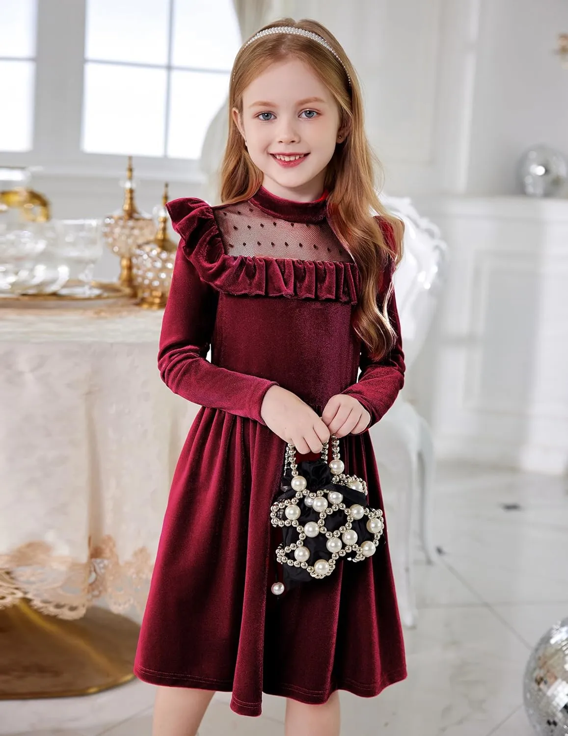 Arshiner Toddler Girls Velvet Dress Contrast Mesh Ruffle Trim Zipper Party Dress