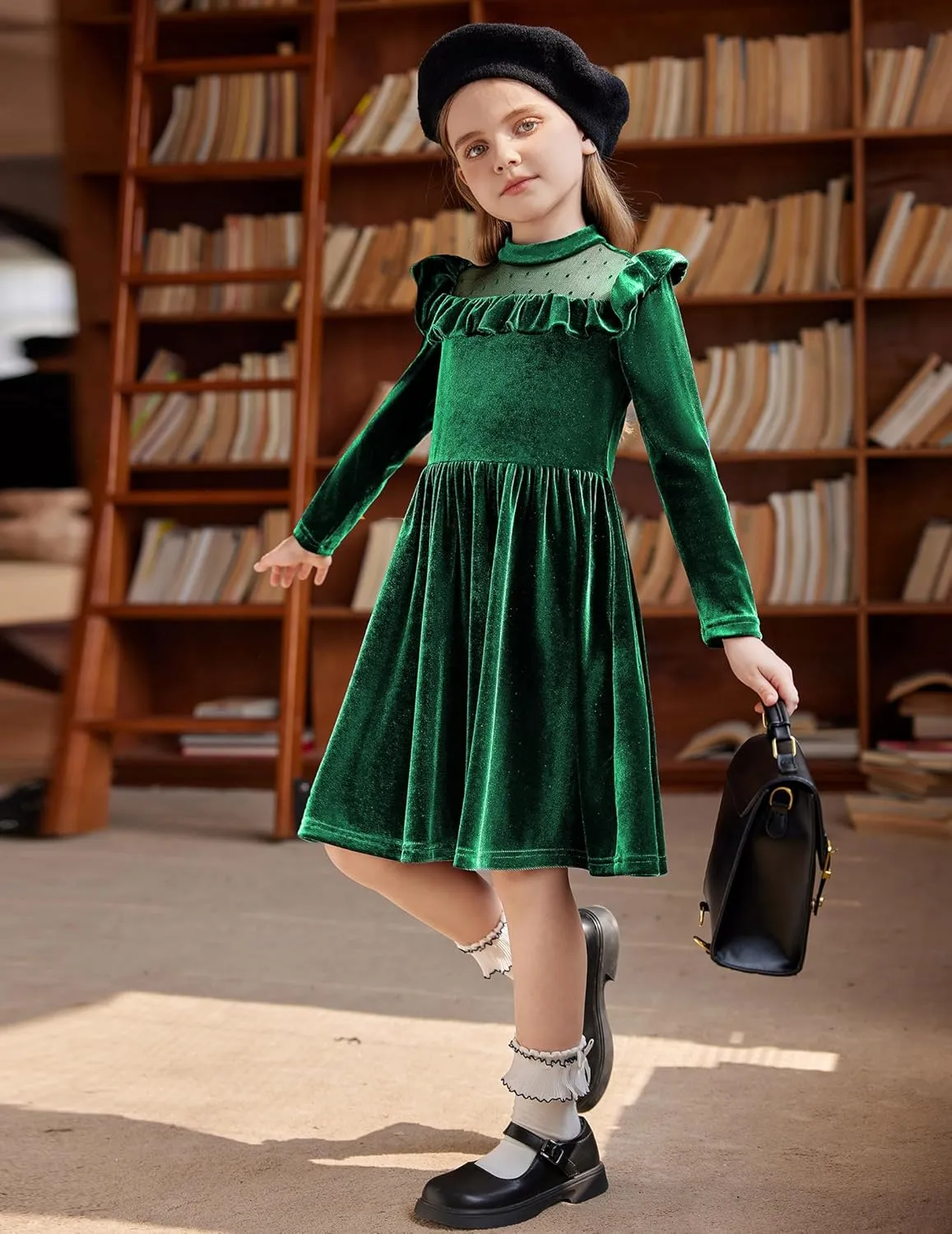 Arshiner Toddler Girls Velvet Dress Contrast Mesh Ruffle Trim Zipper Party Dress