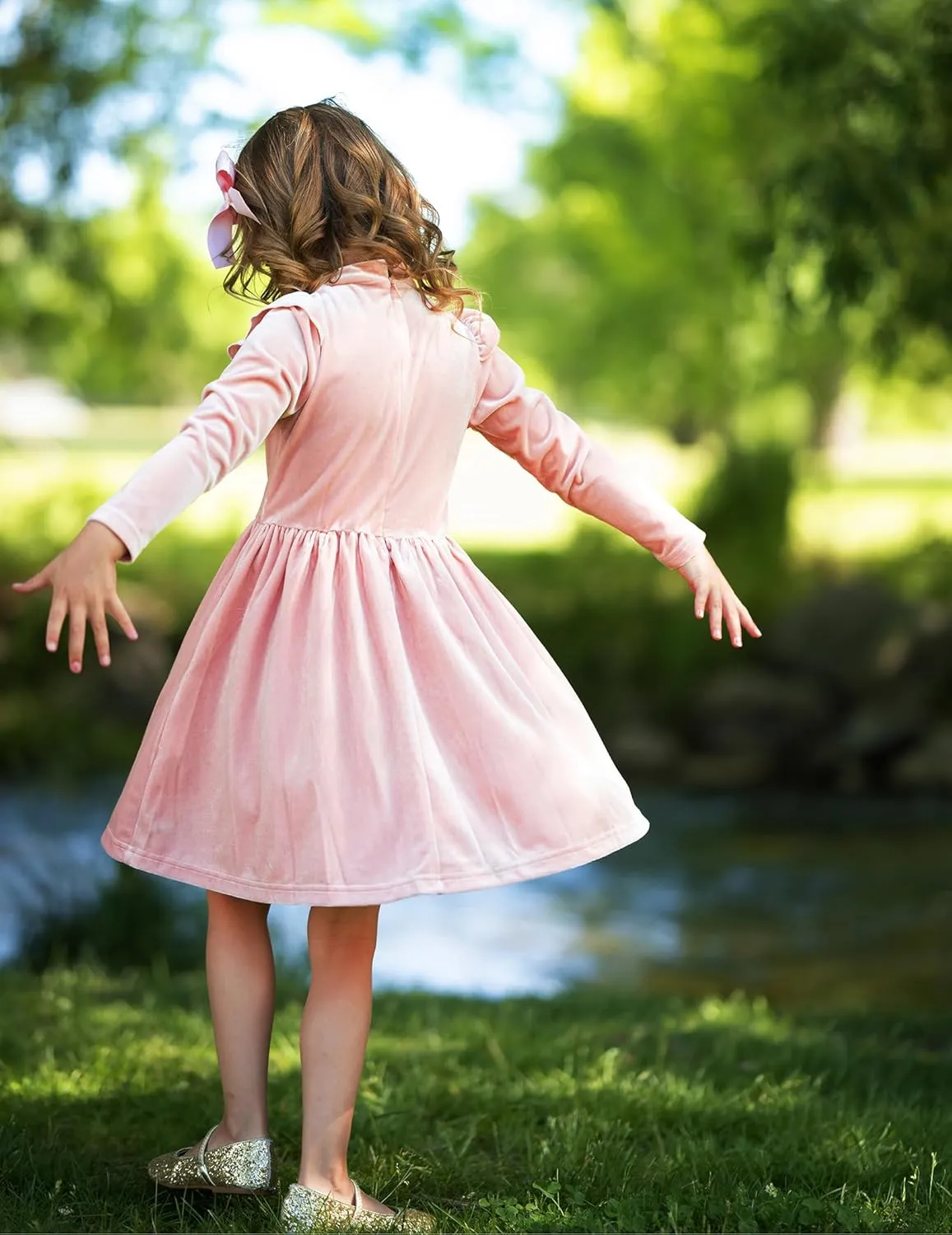 Arshiner Toddler Girls Velvet Dress Contrast Mesh Ruffle Trim Zipper Party Dress