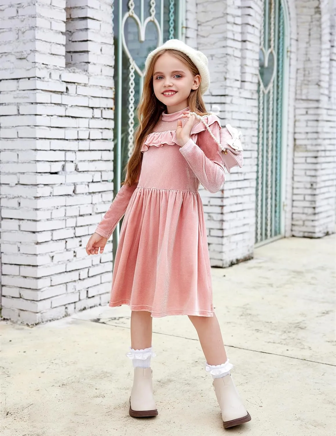 Arshiner Toddler Girls Velvet Dress Contrast Mesh Ruffle Trim Zipper Party Dress
