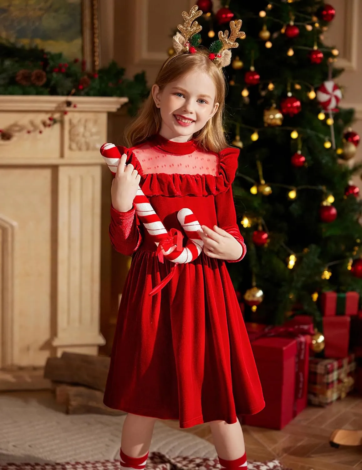 Arshiner Toddler Girls Velvet Dress Contrast Mesh Ruffle Trim Zipper Party Dress
