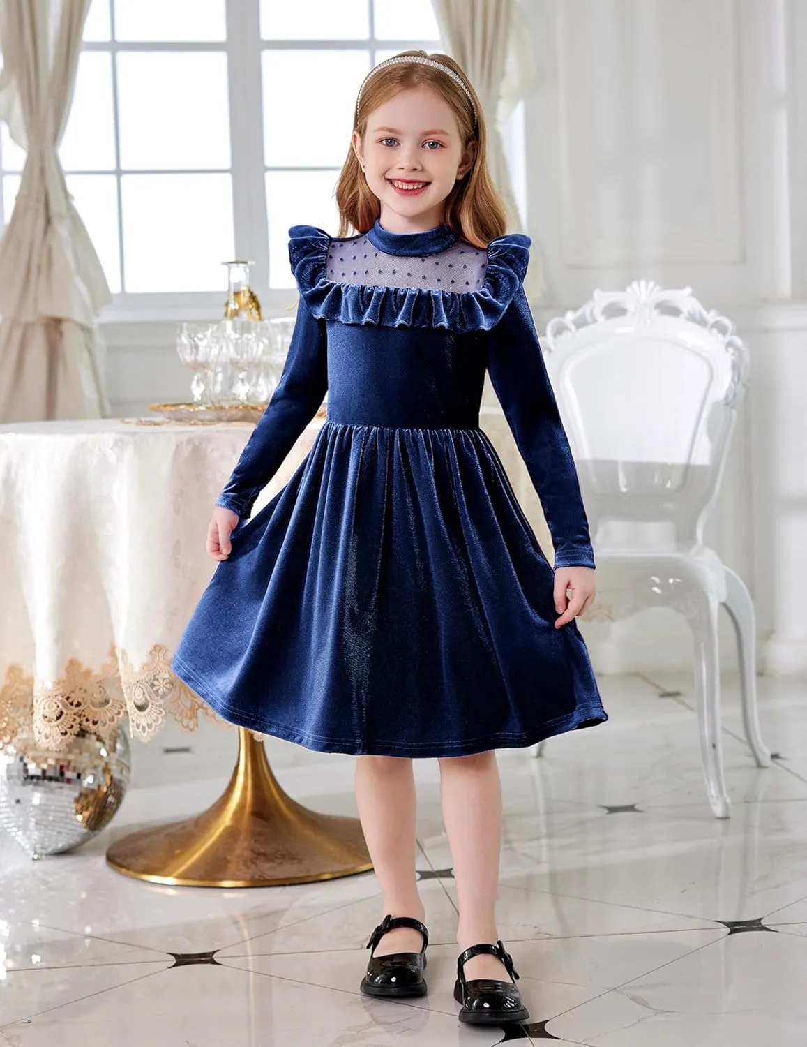 Arshiner Toddler Girls Velvet Dress Contrast Mesh Ruffle Trim Zipper Party Dress