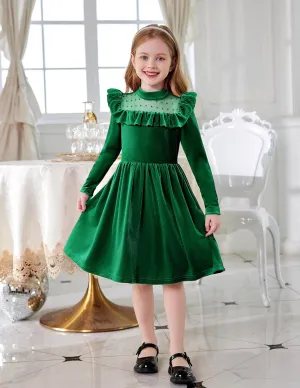 Arshiner Toddler Girls Velvet Dress Contrast Mesh Ruffle Trim Zipper Party Dress