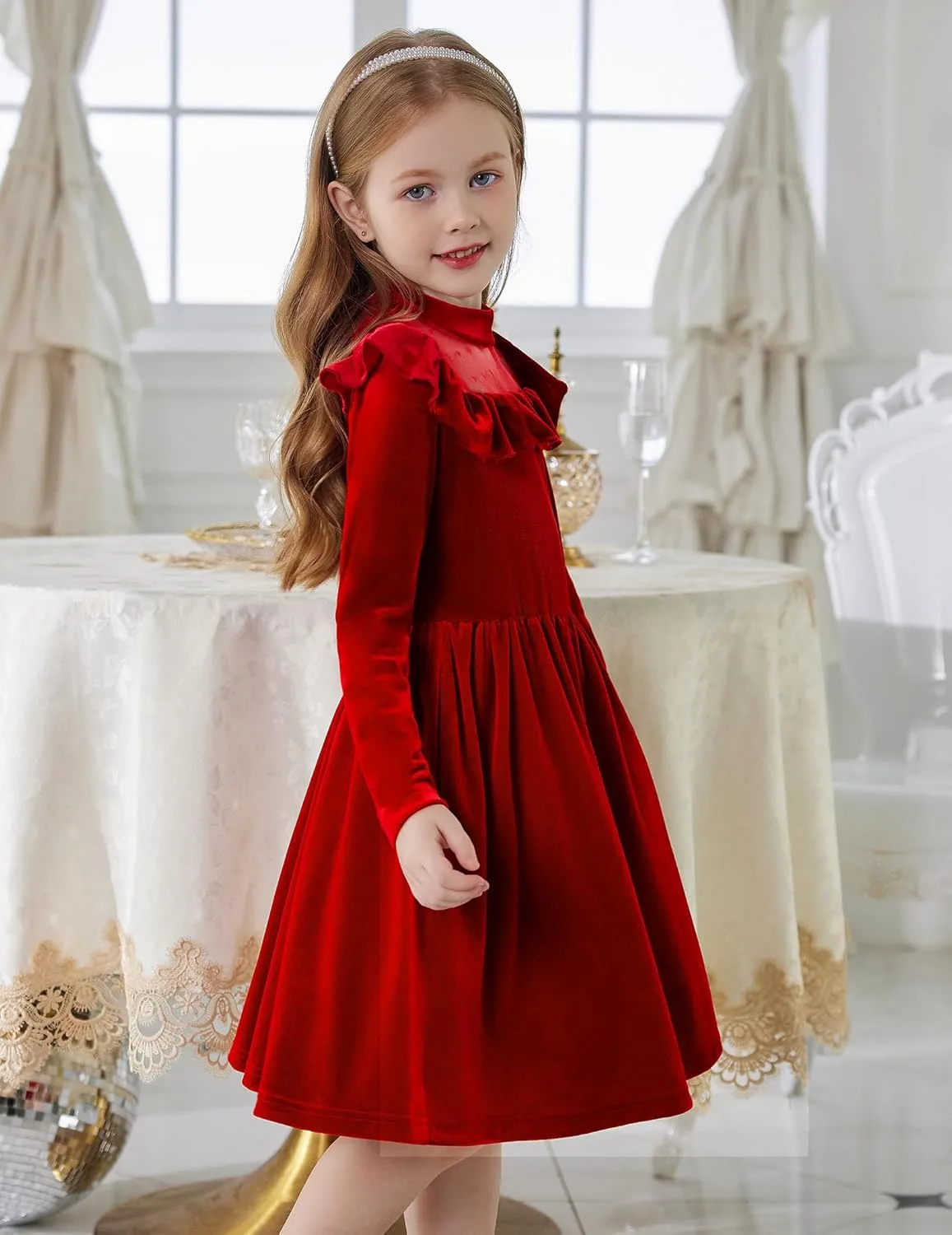 Arshiner Toddler Girls Velvet Dress Contrast Mesh Ruffle Trim Zipper Party Dress