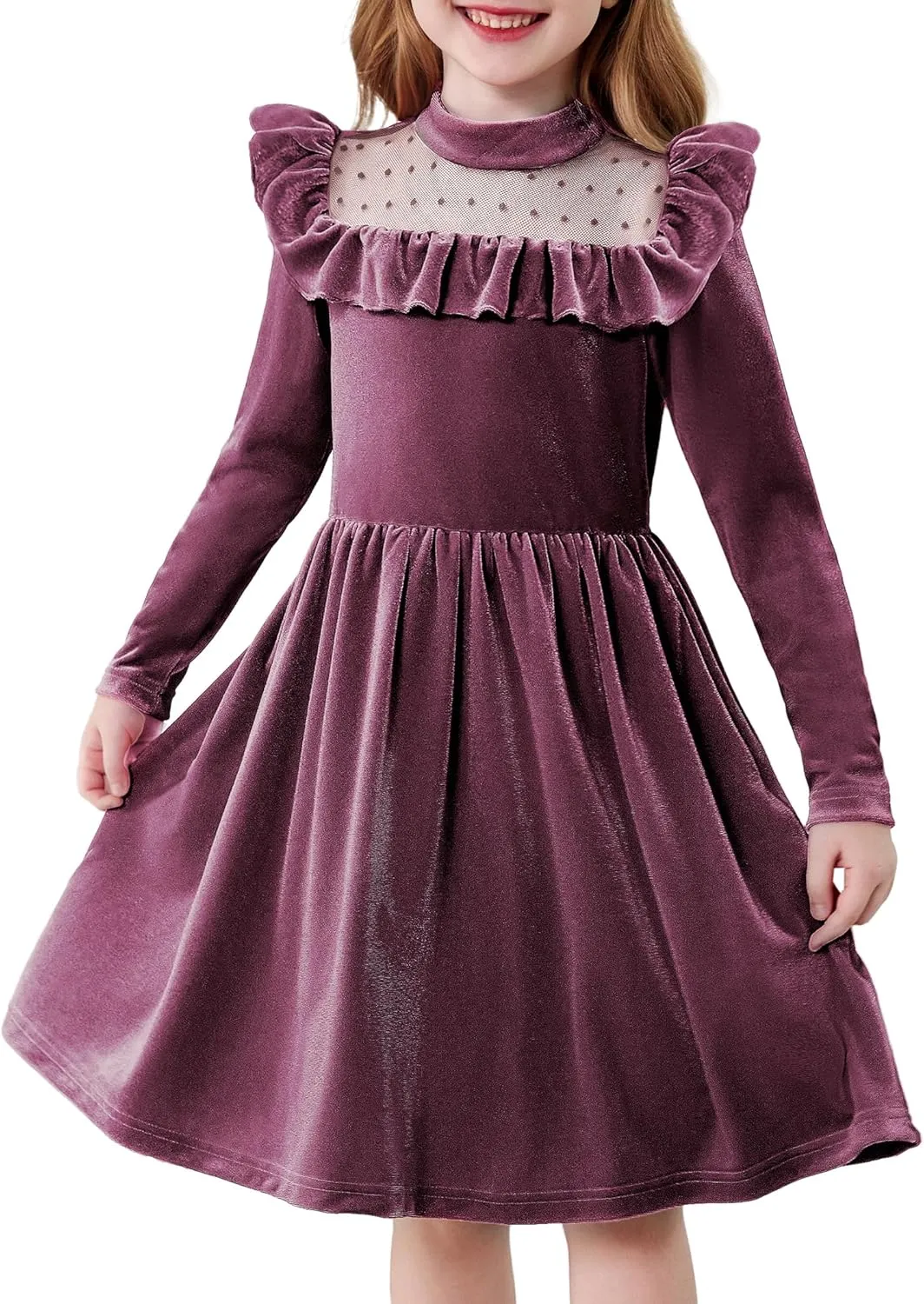 Arshiner Toddler Girls Velvet Dress Contrast Mesh Ruffle Trim Zipper Party Dress