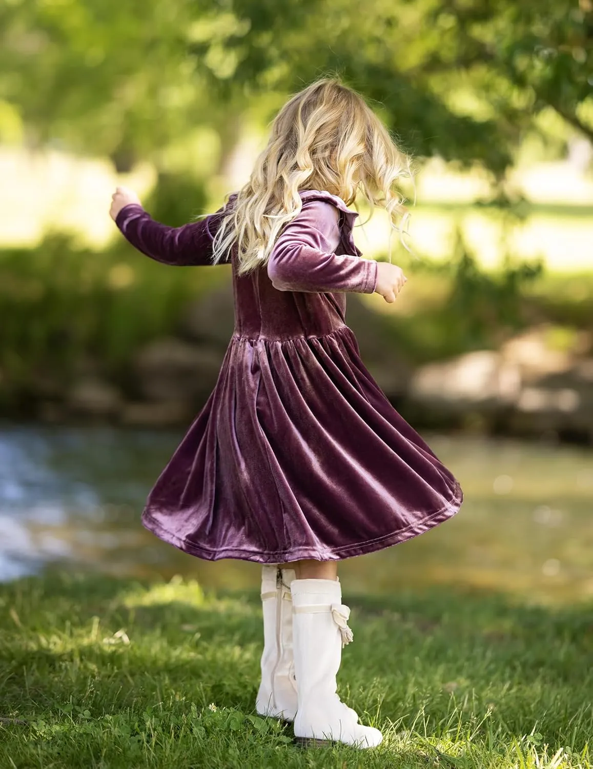 Arshiner Toddler Girls Velvet Dress Contrast Mesh Ruffle Trim Zipper Party Dress