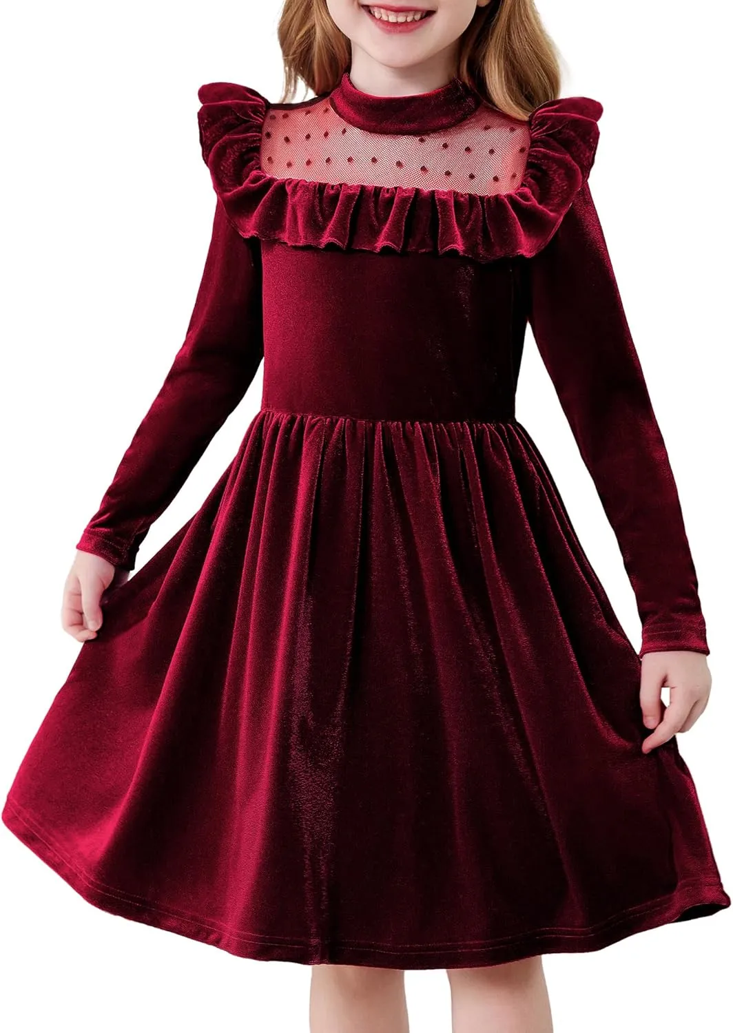 Arshiner Toddler Girls Velvet Dress Contrast Mesh Ruffle Trim Zipper Party Dress