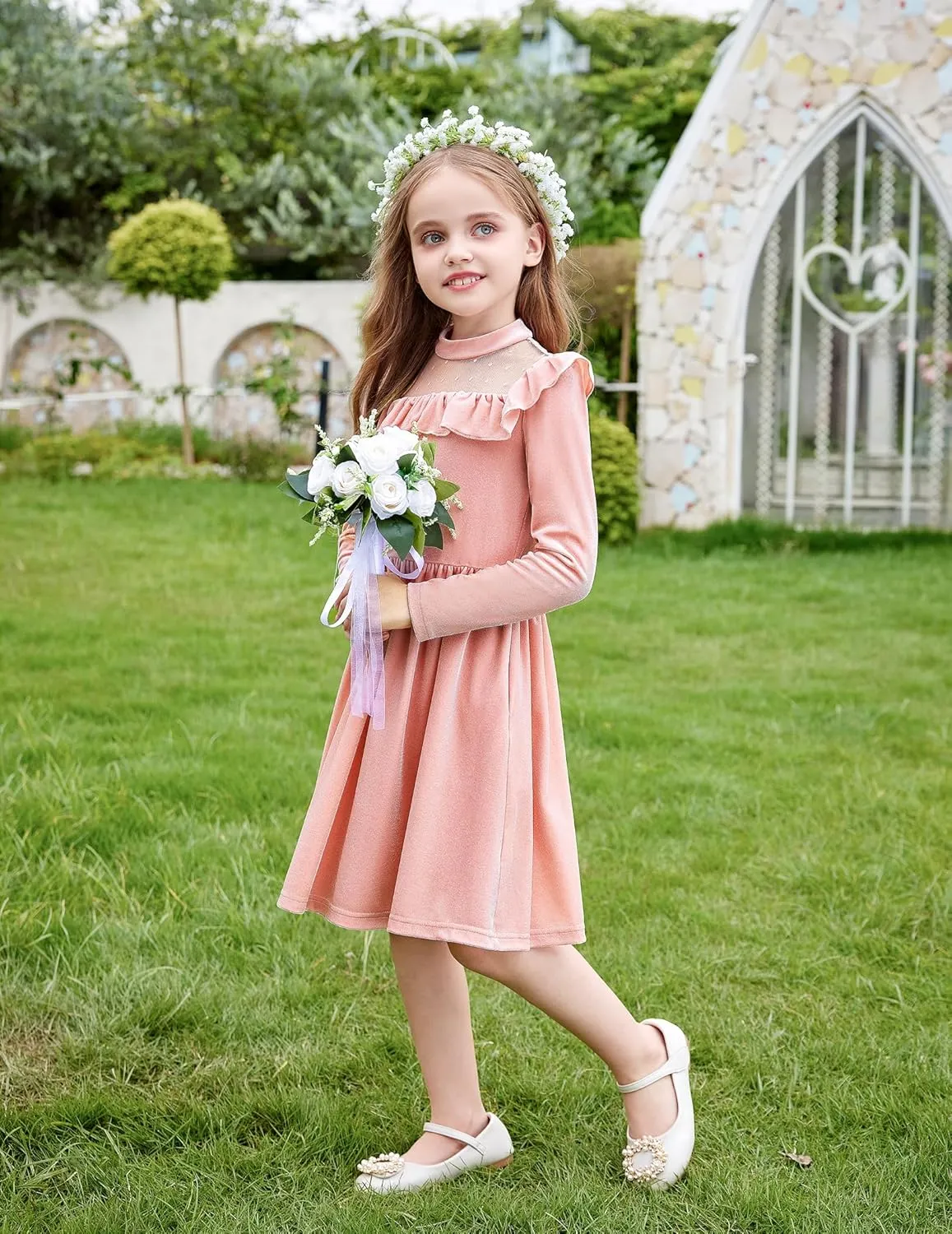 Arshiner Toddler Girls Velvet Dress Contrast Mesh Ruffle Trim Zipper Party Dress