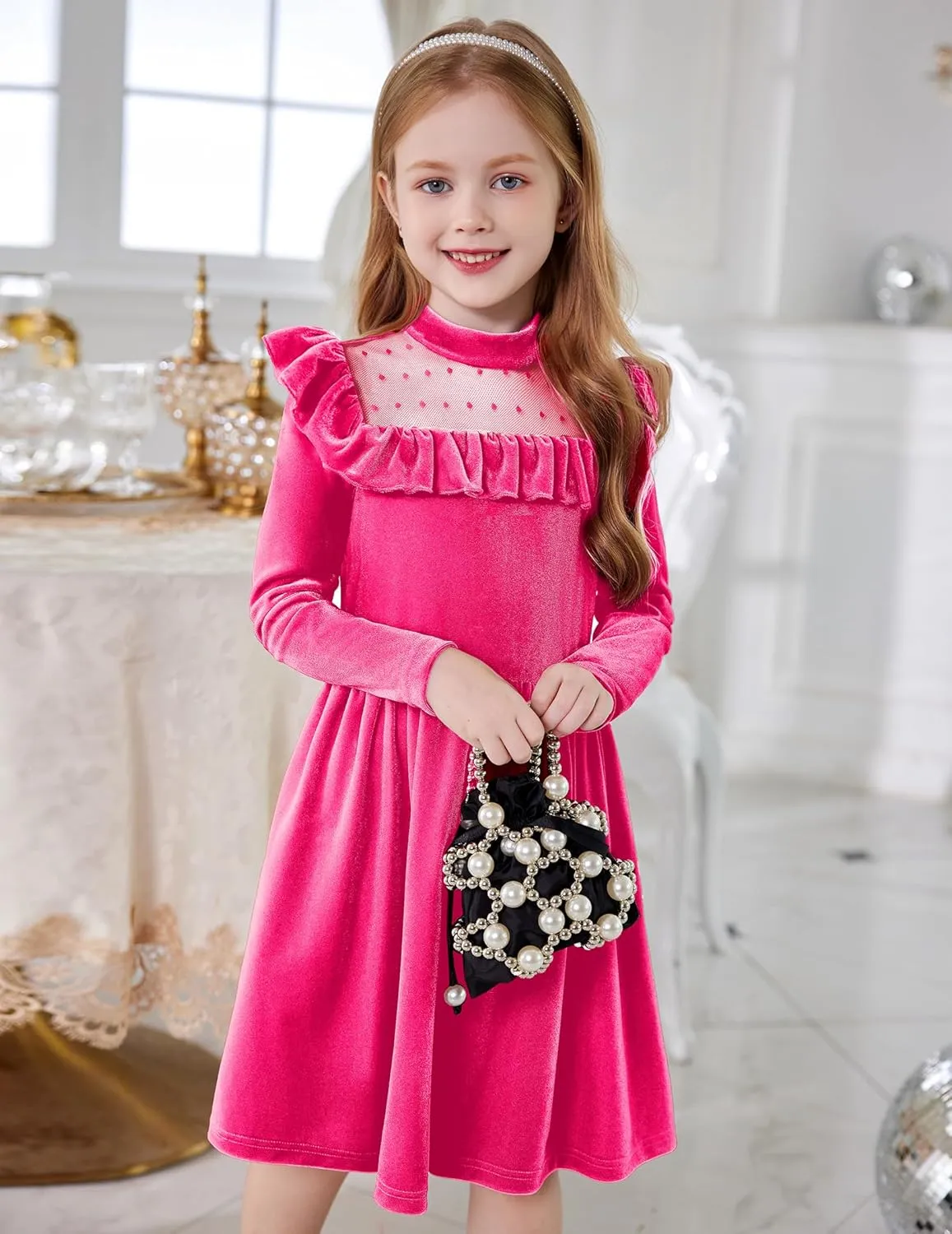 Arshiner Toddler Girls Velvet Dress Contrast Mesh Ruffle Trim Zipper Party Dress