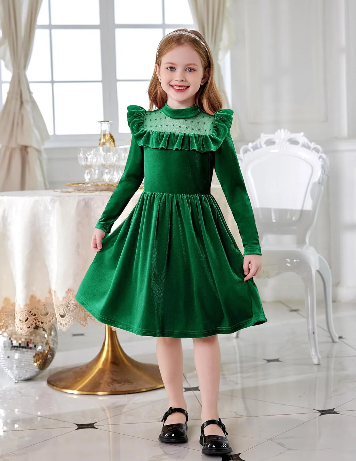 Arshiner Toddler Girls Velvet Dress Contrast Mesh Ruffle Trim Zipper Party Dress