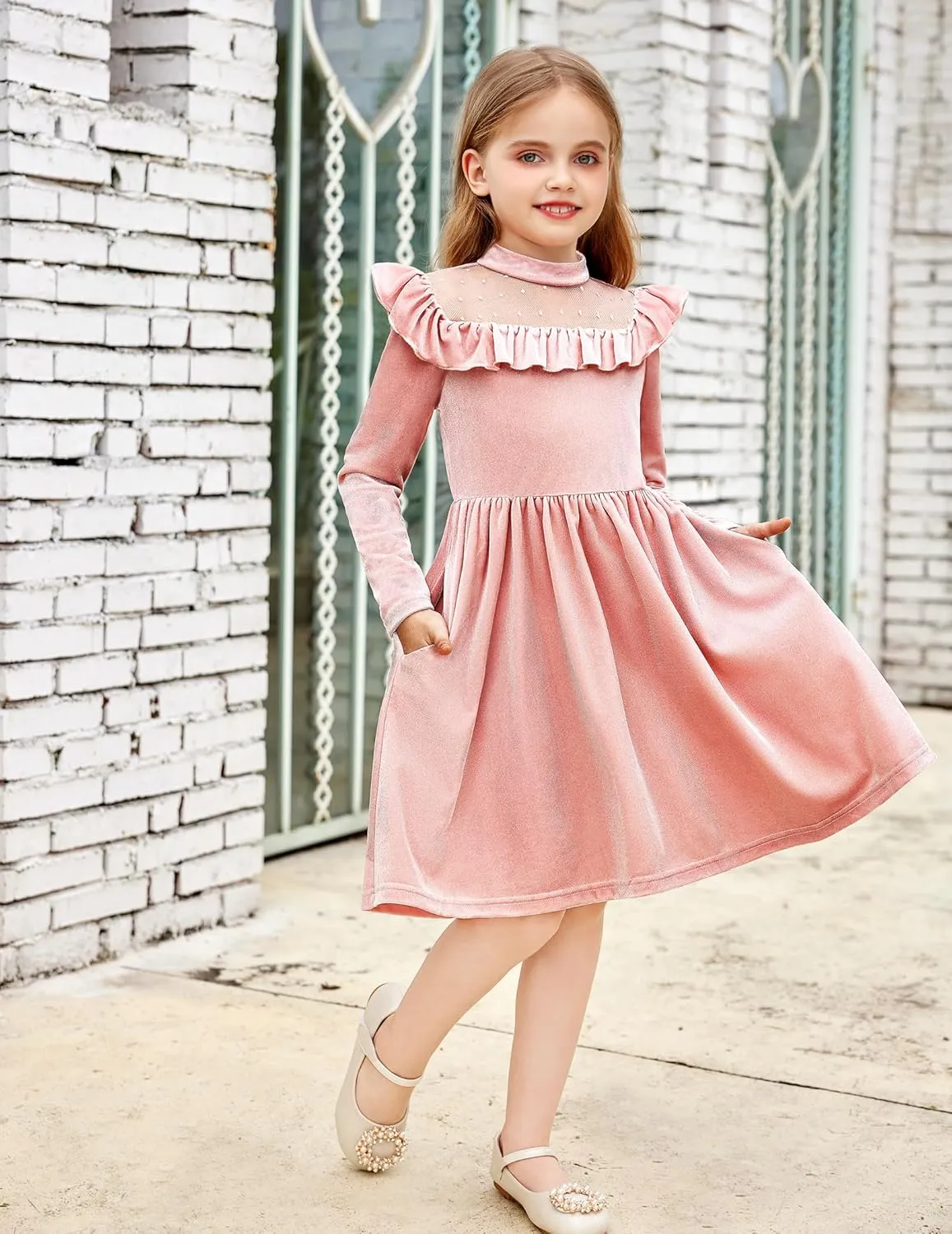 Arshiner Toddler Girls Velvet Dress Contrast Mesh Ruffle Trim Zipper Party Dress