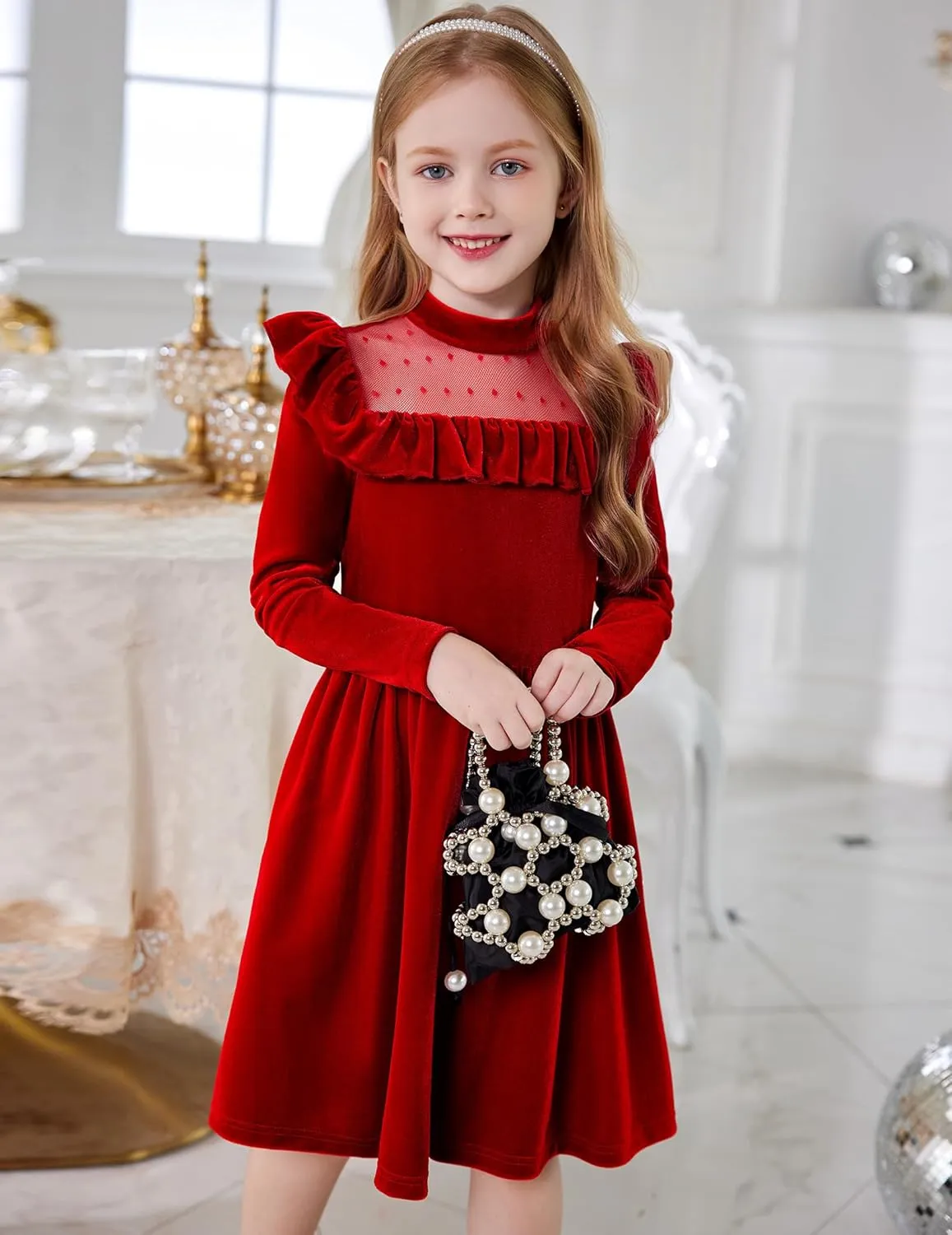 Arshiner Toddler Girls Velvet Dress Contrast Mesh Ruffle Trim Zipper Party Dress