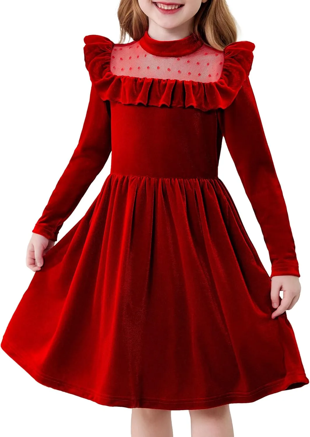 Arshiner Toddler Girls Velvet Dress Contrast Mesh Ruffle Trim Zipper Party Dress