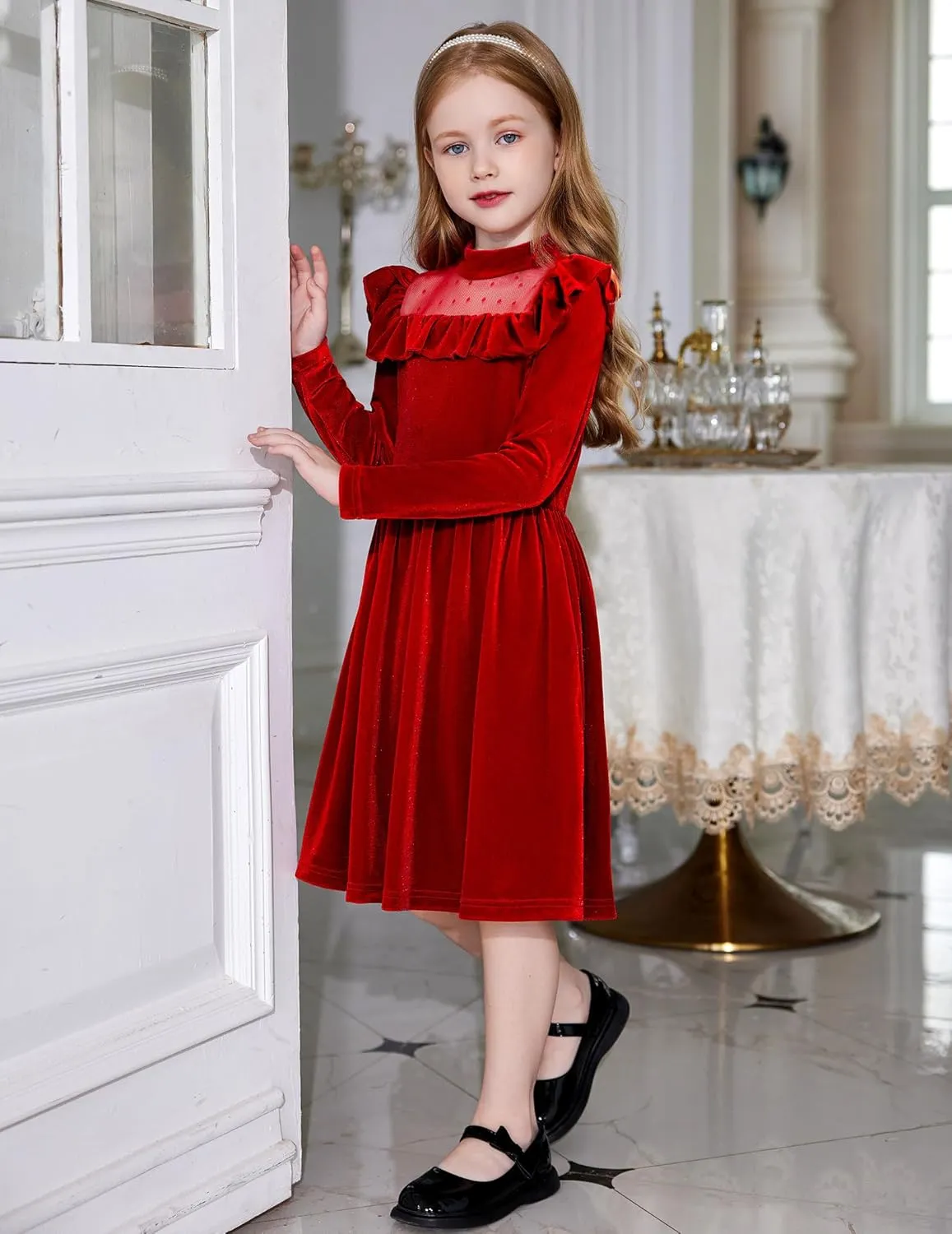 Arshiner Toddler Girls Velvet Dress Contrast Mesh Ruffle Trim Zipper Party Dress