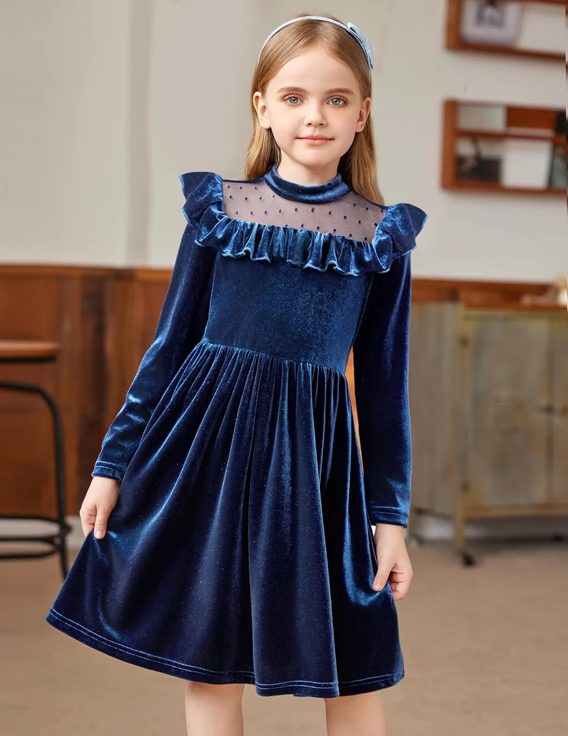 Arshiner Toddler Girls Velvet Dress Contrast Mesh Ruffle Trim Zipper Party Dress