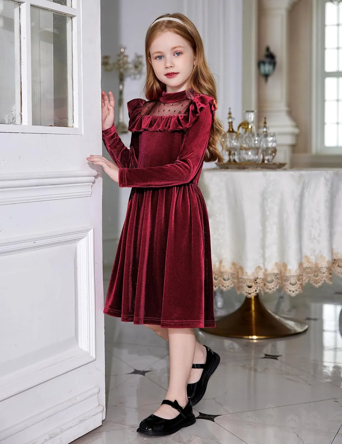 Arshiner Toddler Girls Velvet Dress Contrast Mesh Ruffle Trim Zipper Party Dress