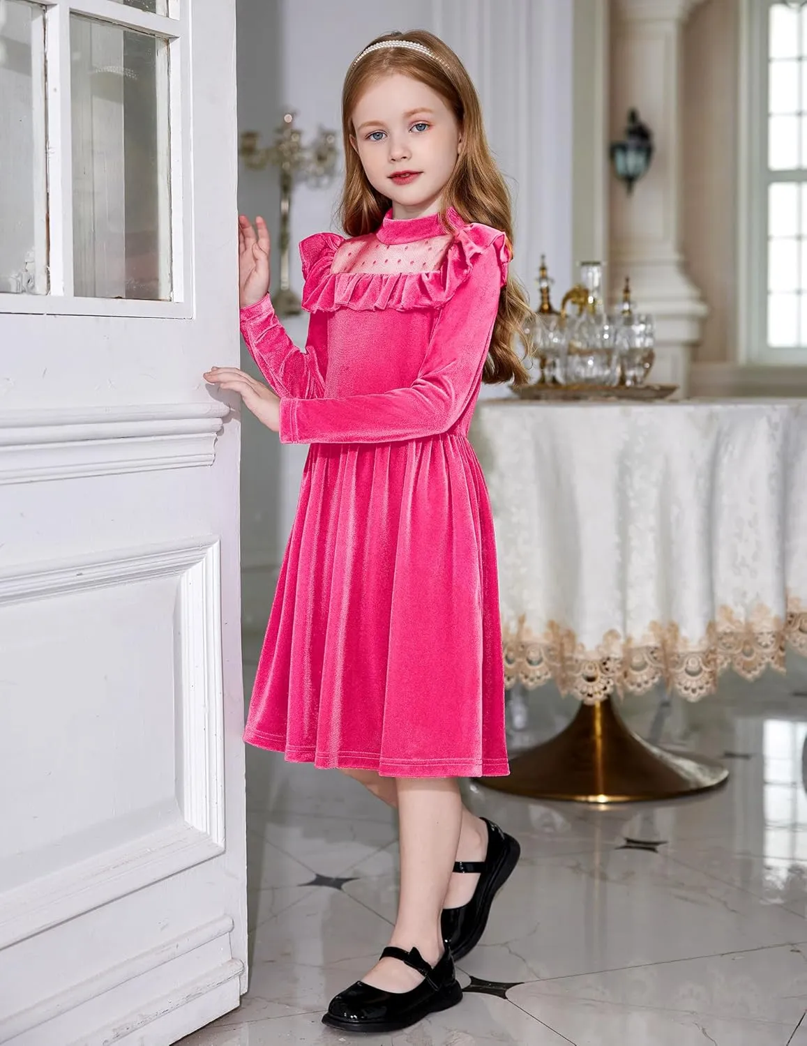 Arshiner Toddler Girls Velvet Dress Contrast Mesh Ruffle Trim Zipper Party Dress