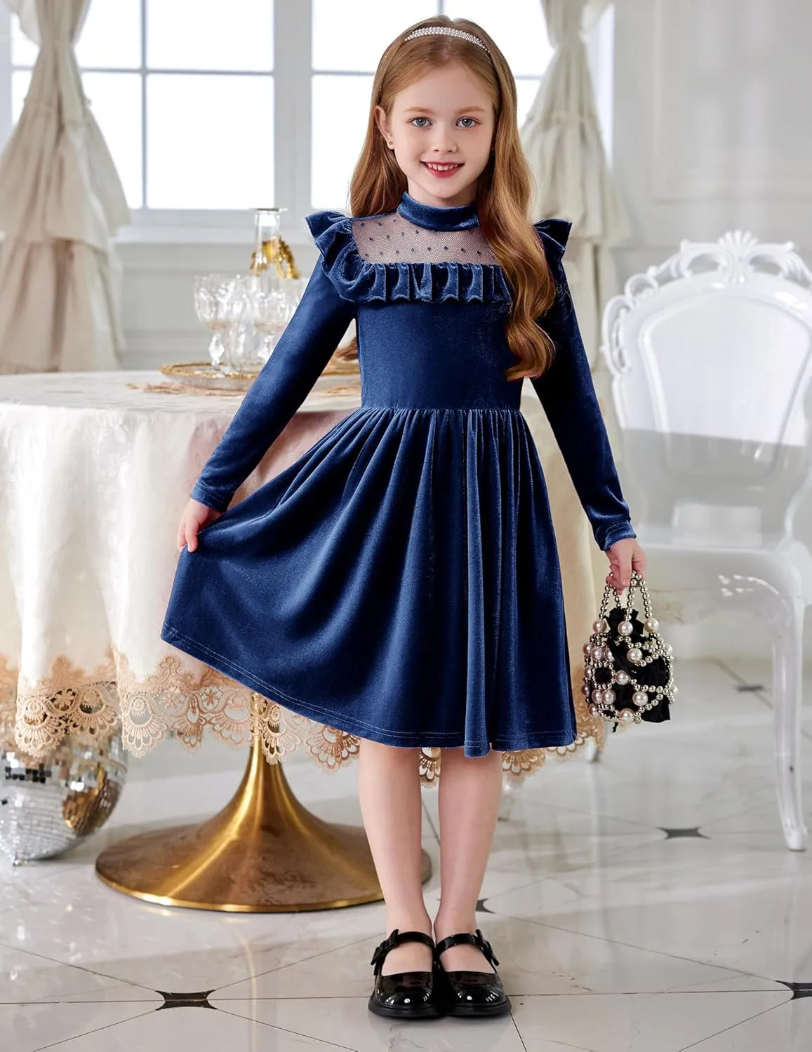 Arshiner Toddler Girls Velvet Dress Contrast Mesh Ruffle Trim Zipper Party Dress