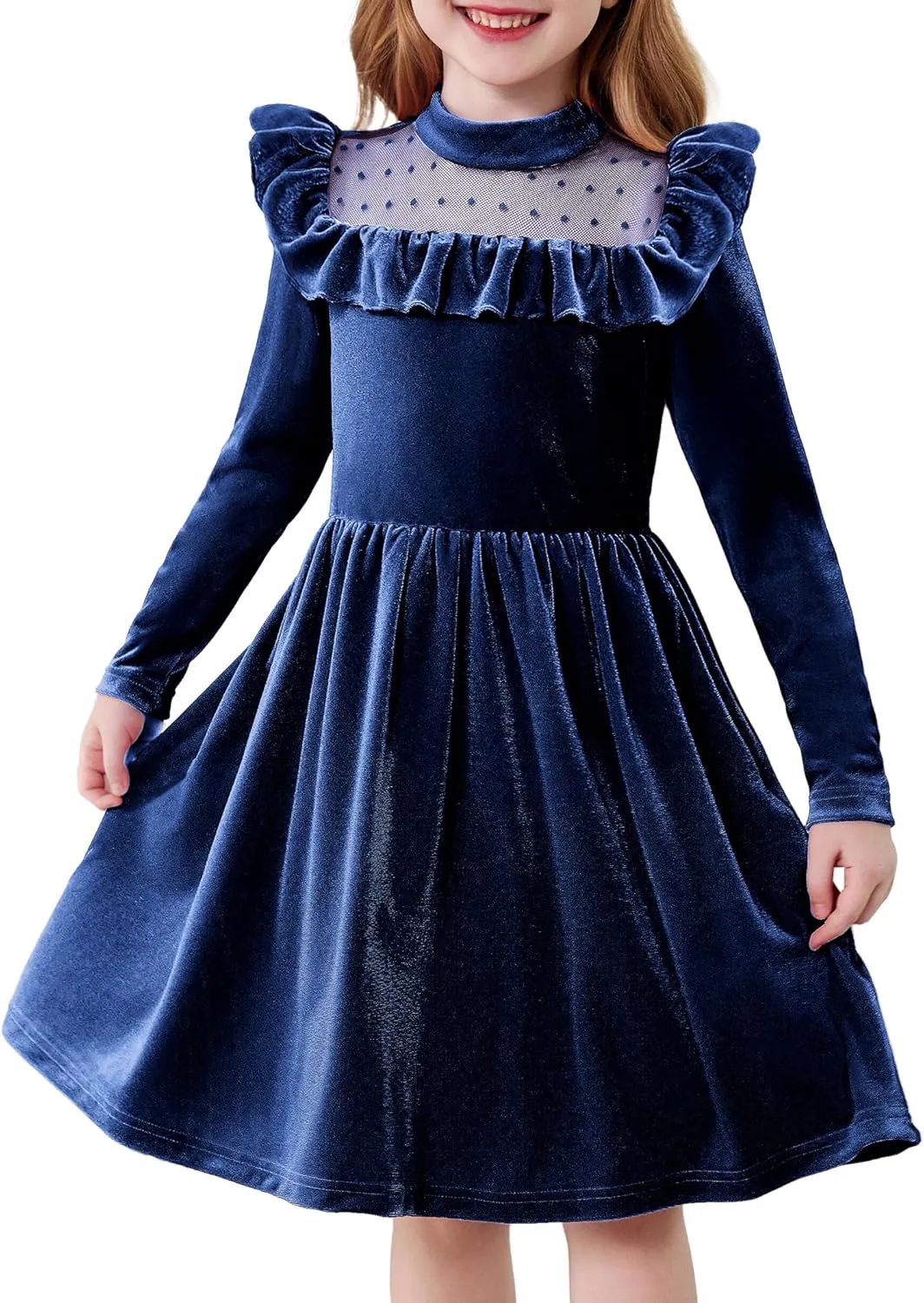 Arshiner Toddler Girls Velvet Dress Contrast Mesh Ruffle Trim Zipper Party Dress