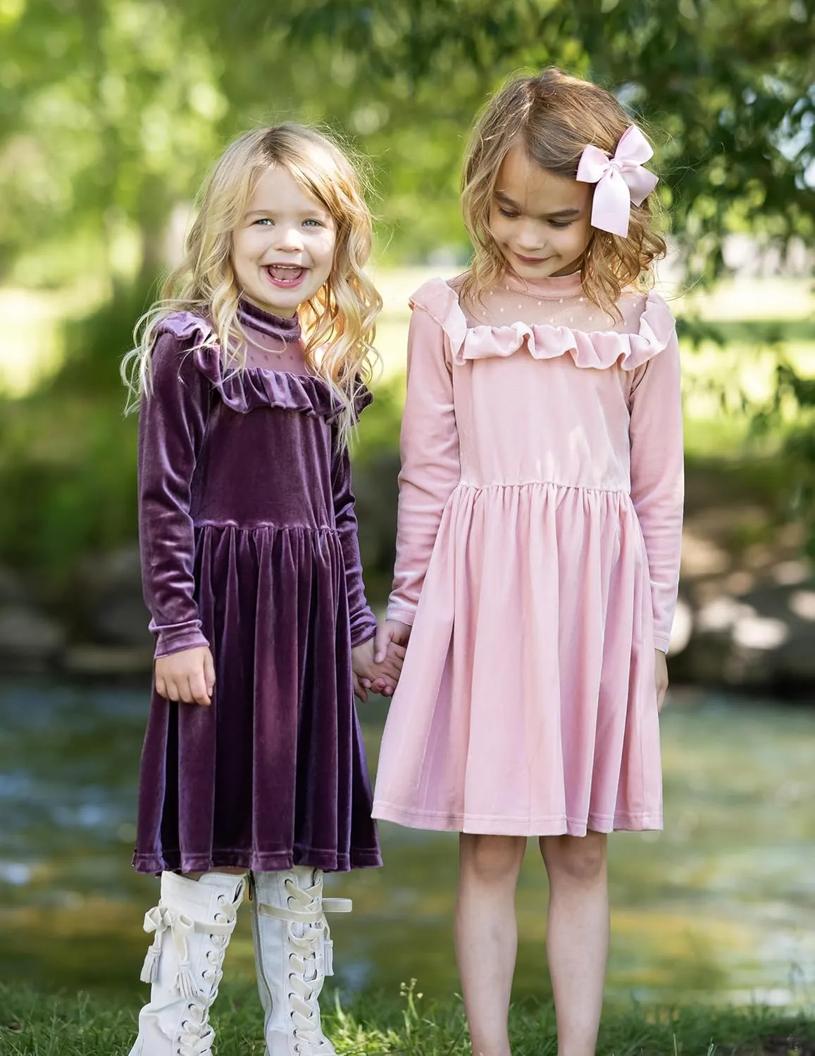 Arshiner Toddler Girls Velvet Dress Contrast Mesh Ruffle Trim Zipper Party Dress