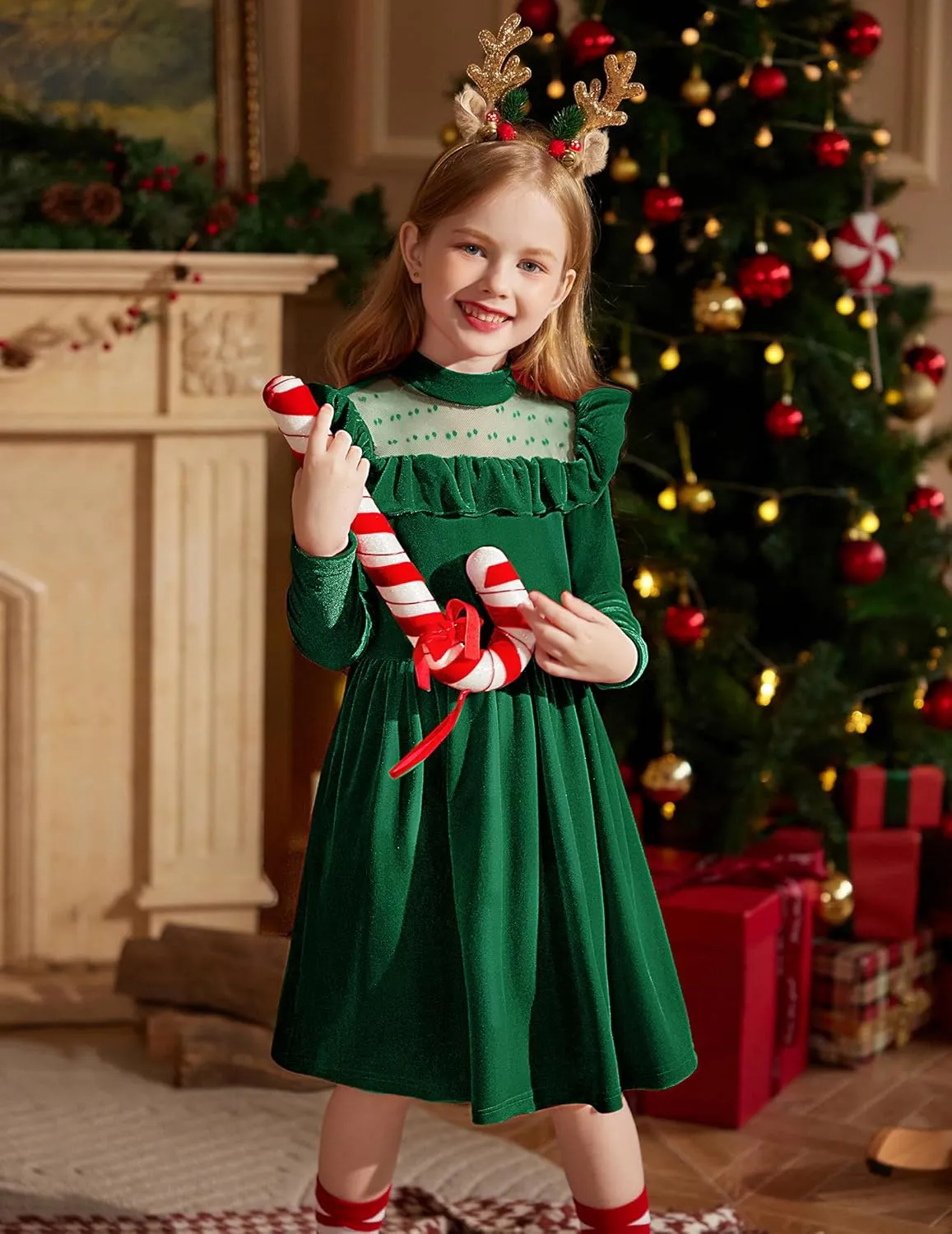 Arshiner Toddler Girls Velvet Dress Contrast Mesh Ruffle Trim Zipper Party Dress