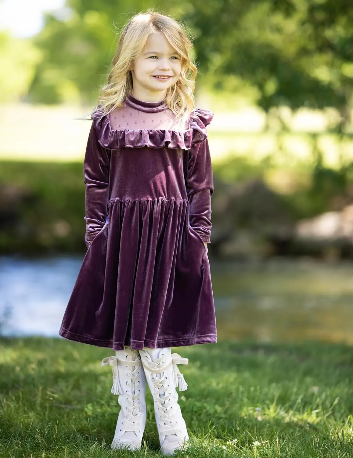 Arshiner Toddler Girls Velvet Dress Contrast Mesh Ruffle Trim Zipper Party Dress