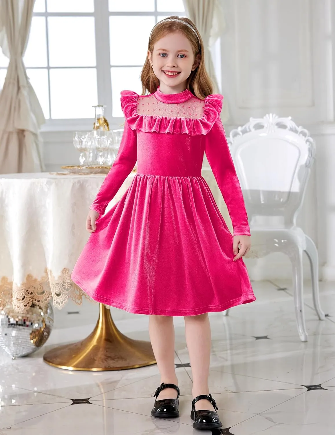 Arshiner Toddler Girls Velvet Dress Contrast Mesh Ruffle Trim Zipper Party Dress