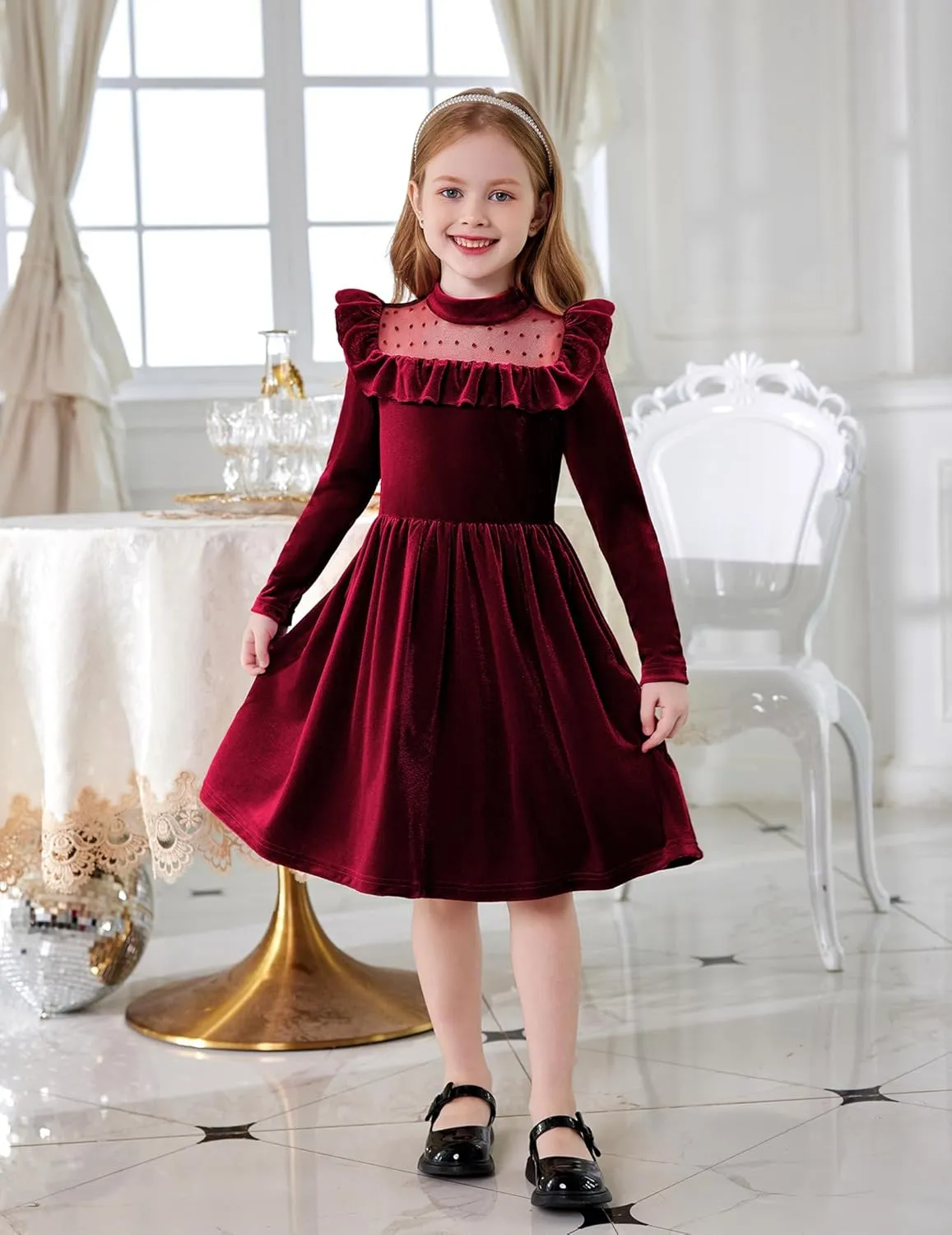 Arshiner Toddler Girls Velvet Dress Contrast Mesh Ruffle Trim Zipper Party Dress