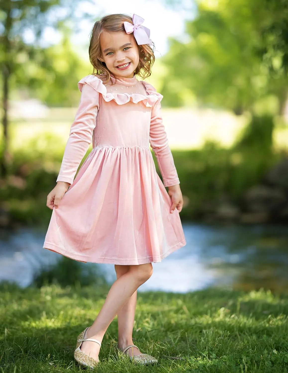 Arshiner Toddler Girls Velvet Dress Contrast Mesh Ruffle Trim Zipper Party Dress