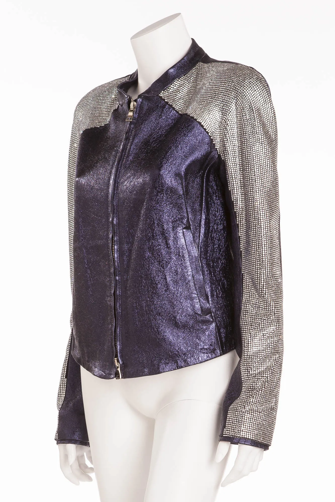 Balmain - Unique New with Tags Navy Blue Pearlescent Leather Jacket w/Rhinestone Arms - FR 40